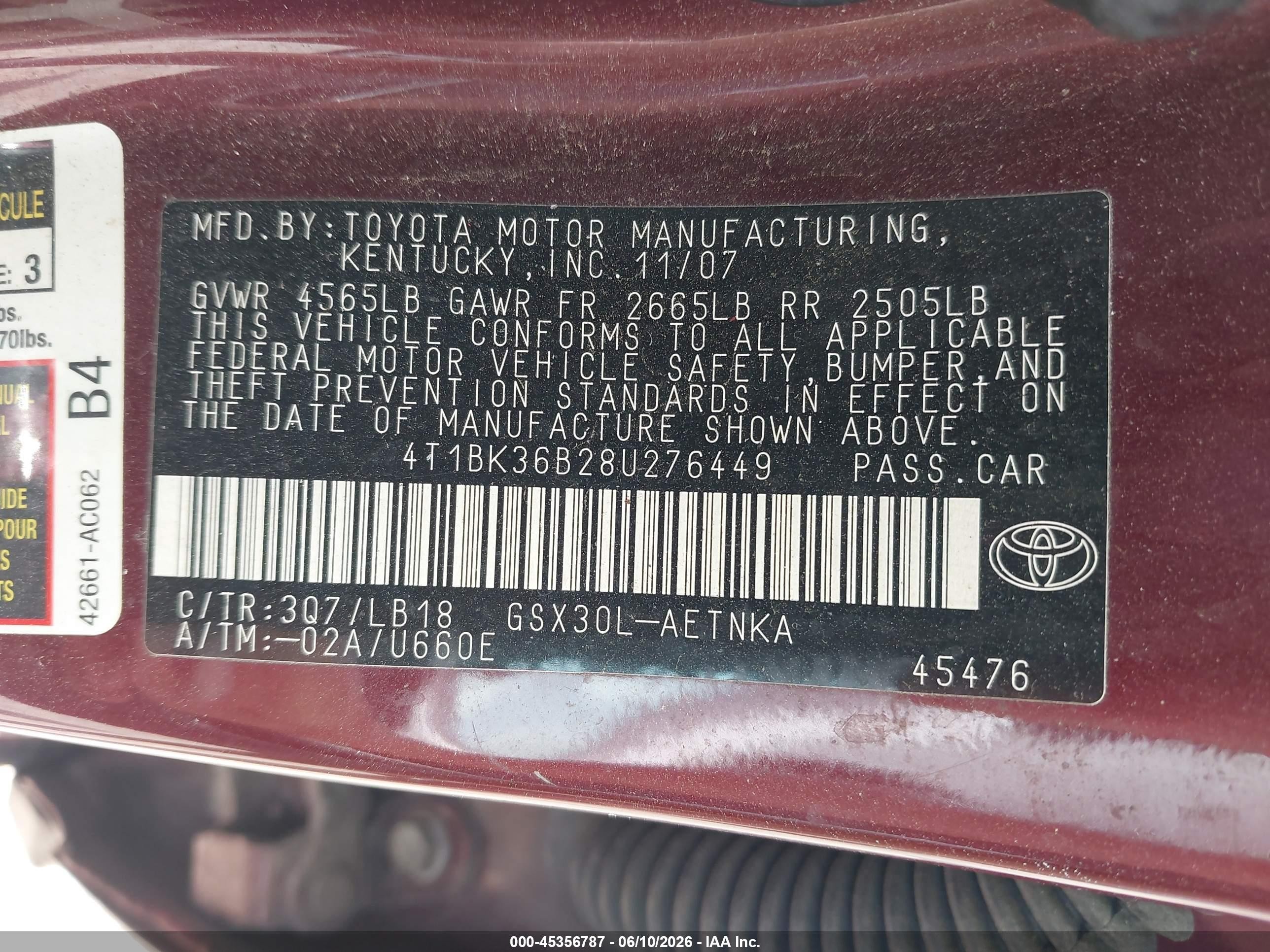 2008 Toyota Avalon Touring Purple vin: 4T1BK36B28U276449