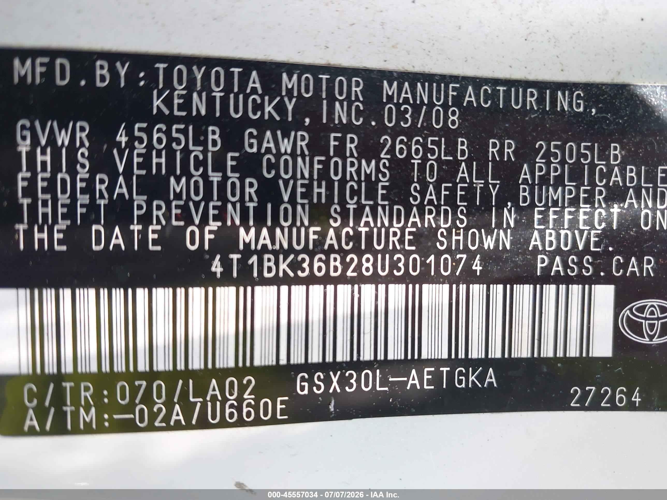 2008 Toyota Avalon Xls White vin: 4T1BK36B28U301074