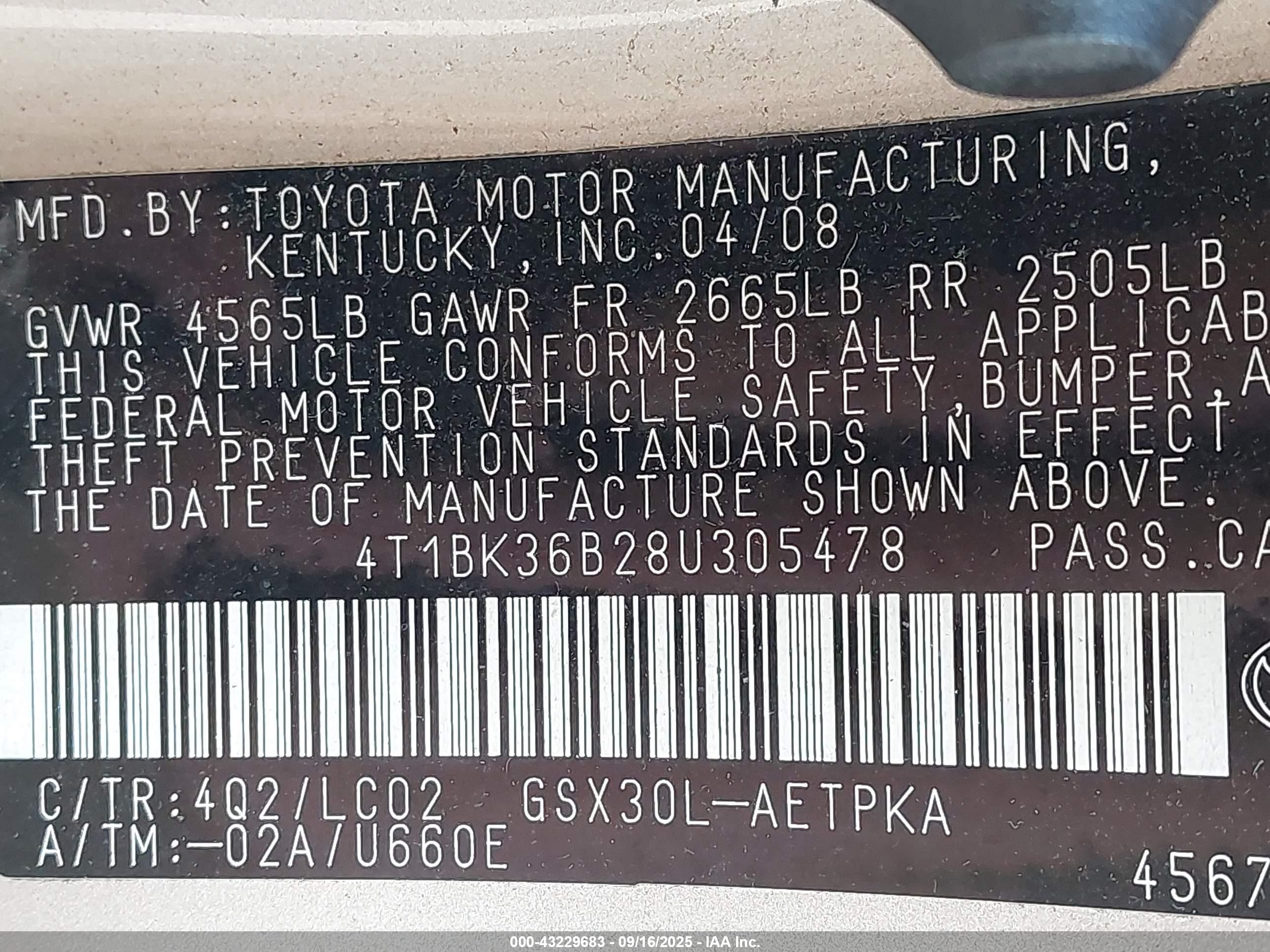 2008 Toyota Avalon Limited Золотой vin: 4T1BK36B28U305478