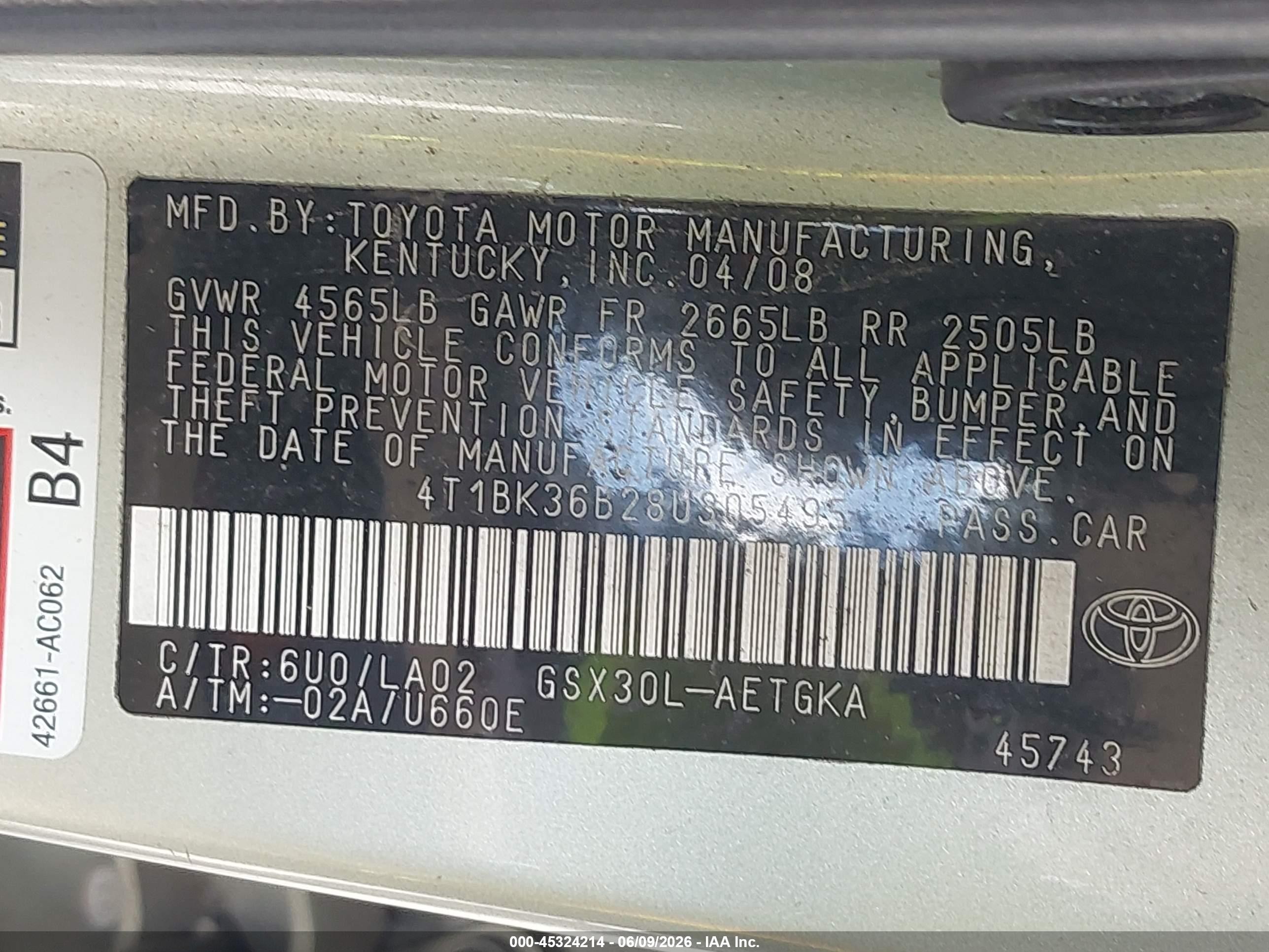 2008 Toyota Avalon Xls Зеленый vin: 4T1BK36B28U305495
