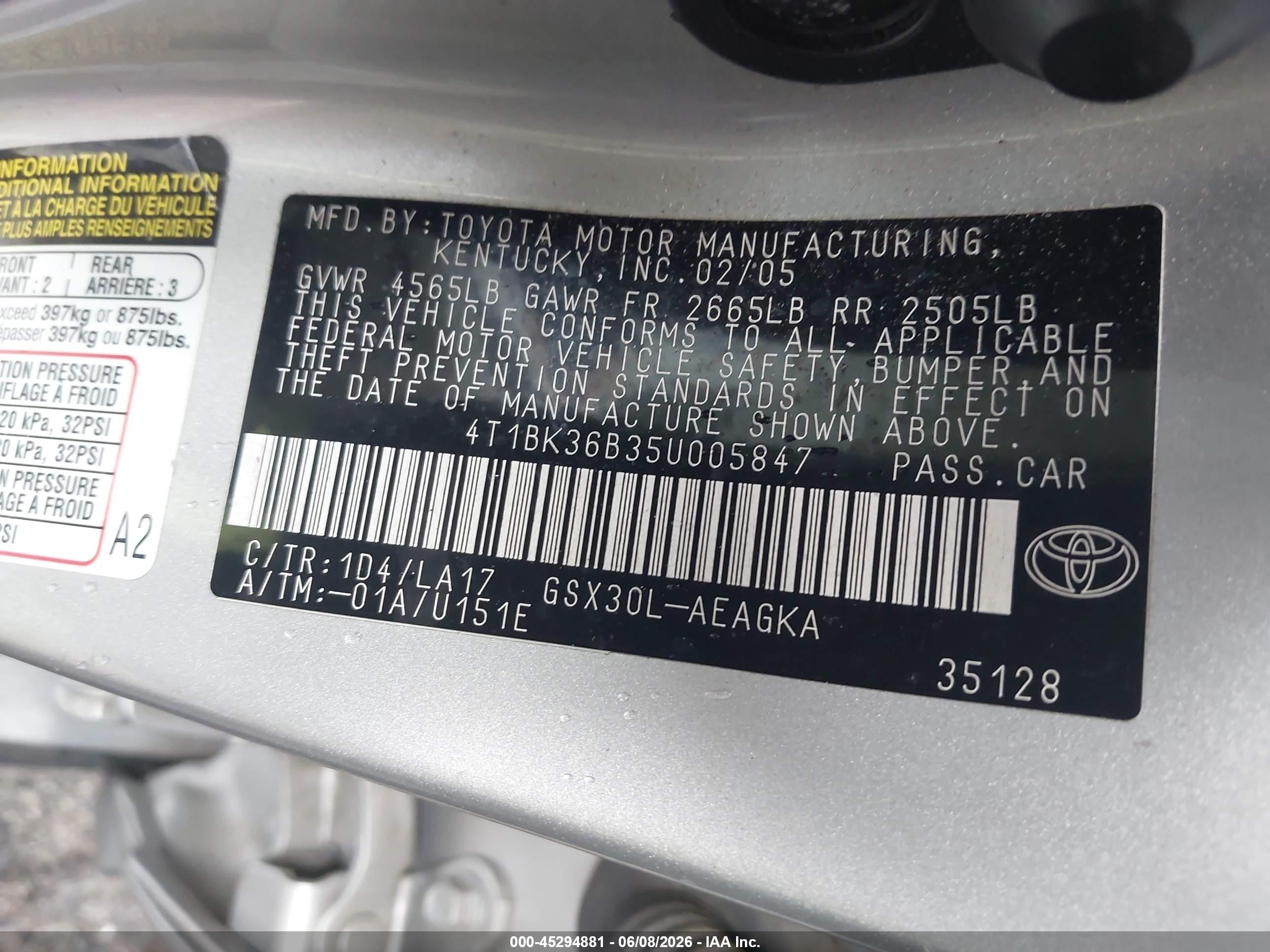 2005 Toyota Avalon Xl/xls/touring/limited Silver vin: 4T1BK36B35U005847