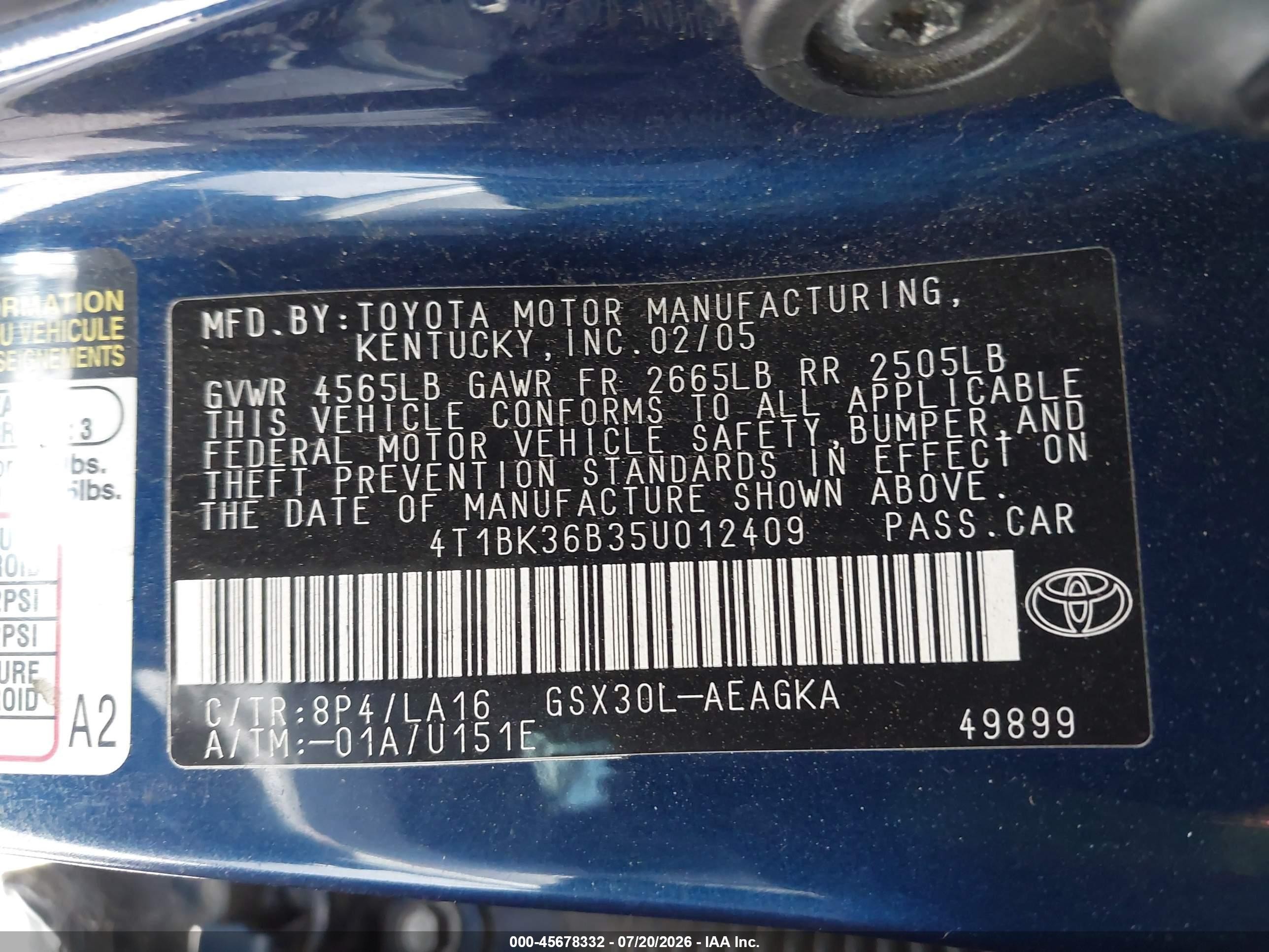 2005 Toyota Avalon Xls Blue vin: 4T1BK36B35U012409