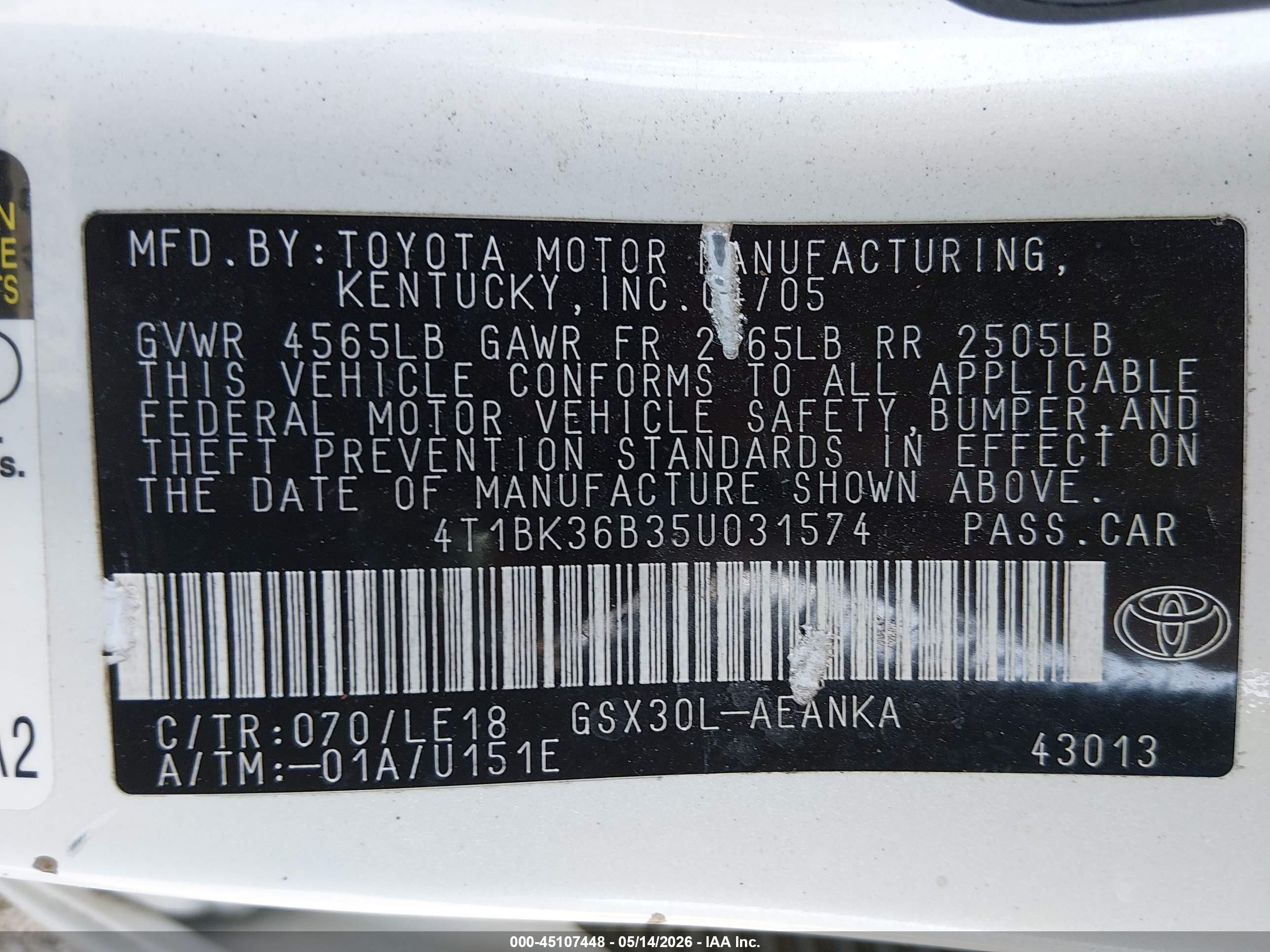 2005 Toyota Avalon Touring White vin: 4T1BK36B35U031574