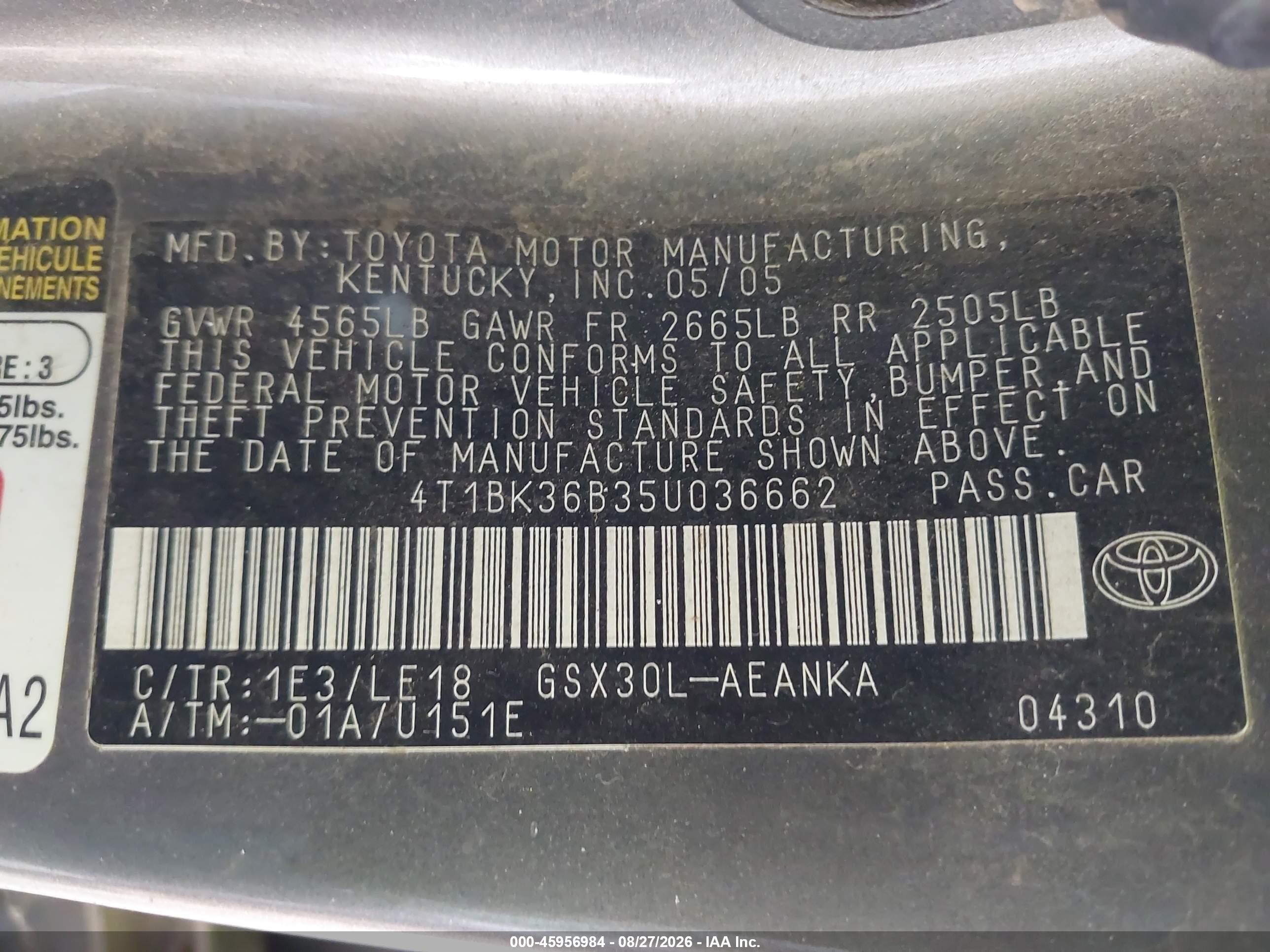 2005 Toyota Avalon Touring Gray vin: 4T1BK36B35U036662