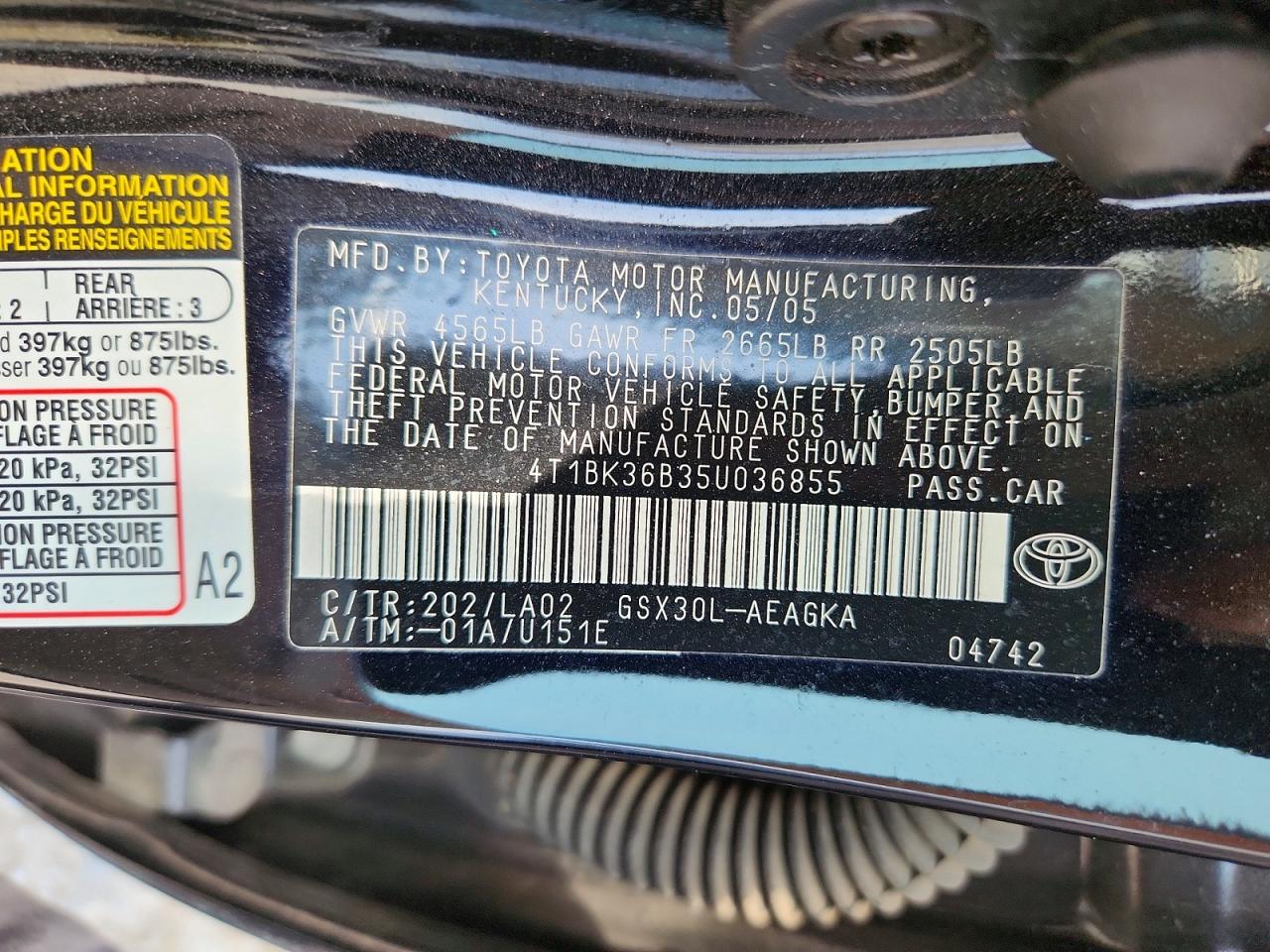 2005 Toyota Avalon Xls Black vin: 4T1BK36B35U036855