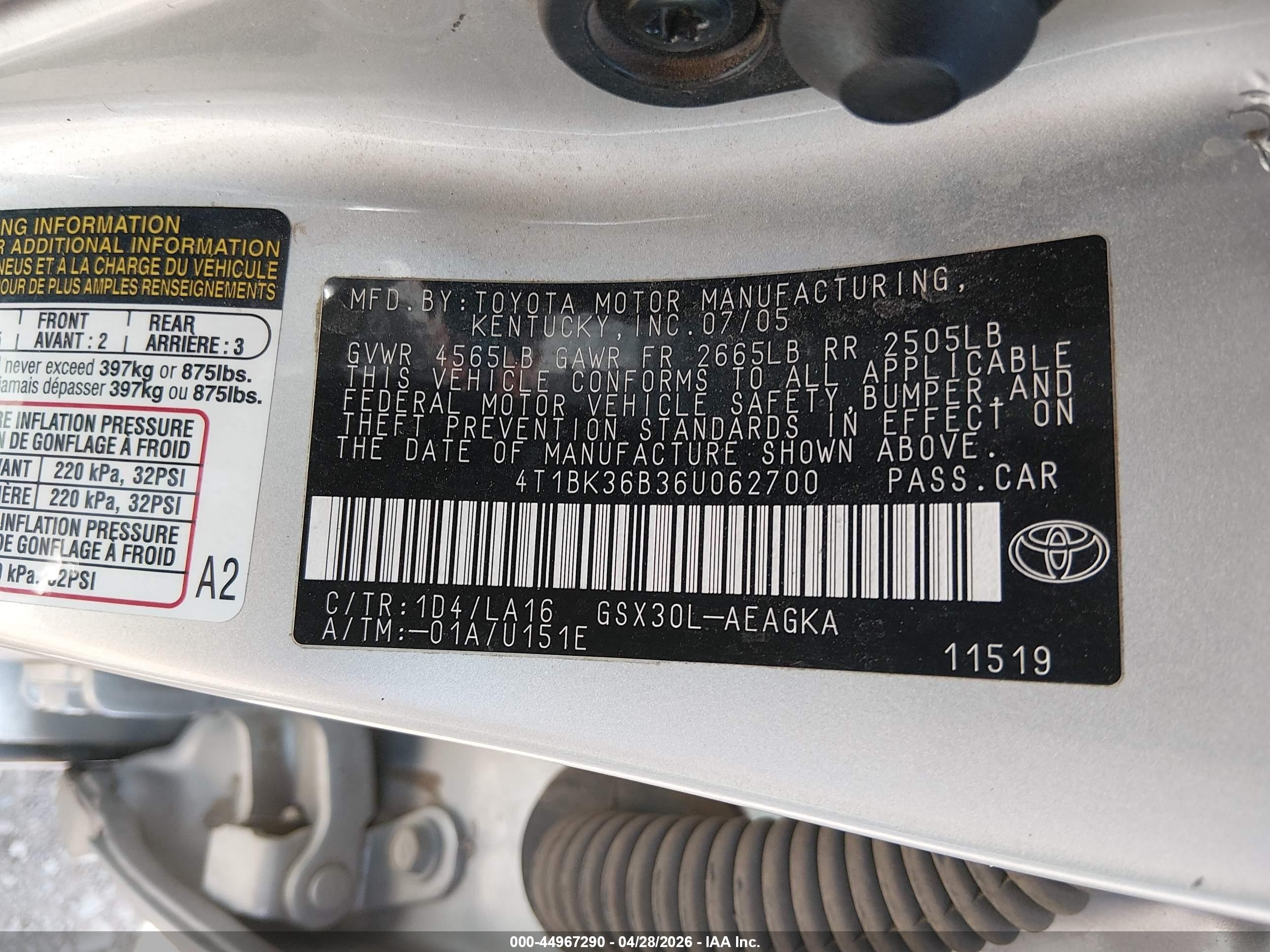 2006 Toyota Avalon Xls Silver vin: 4T1BK36B36U062700
