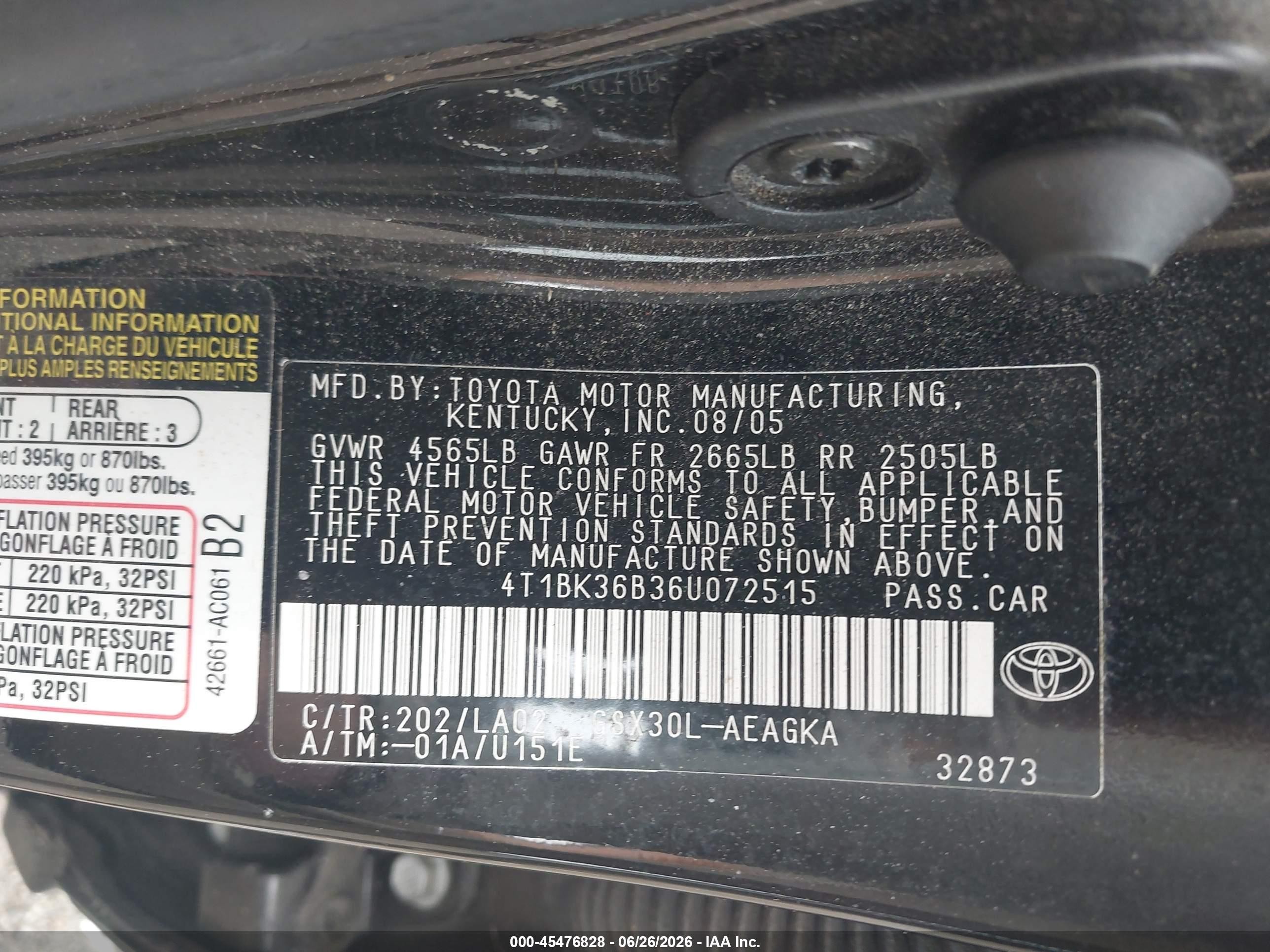 2006 Toyota Avalon Xls Black vin: 4T1BK36B36U072515