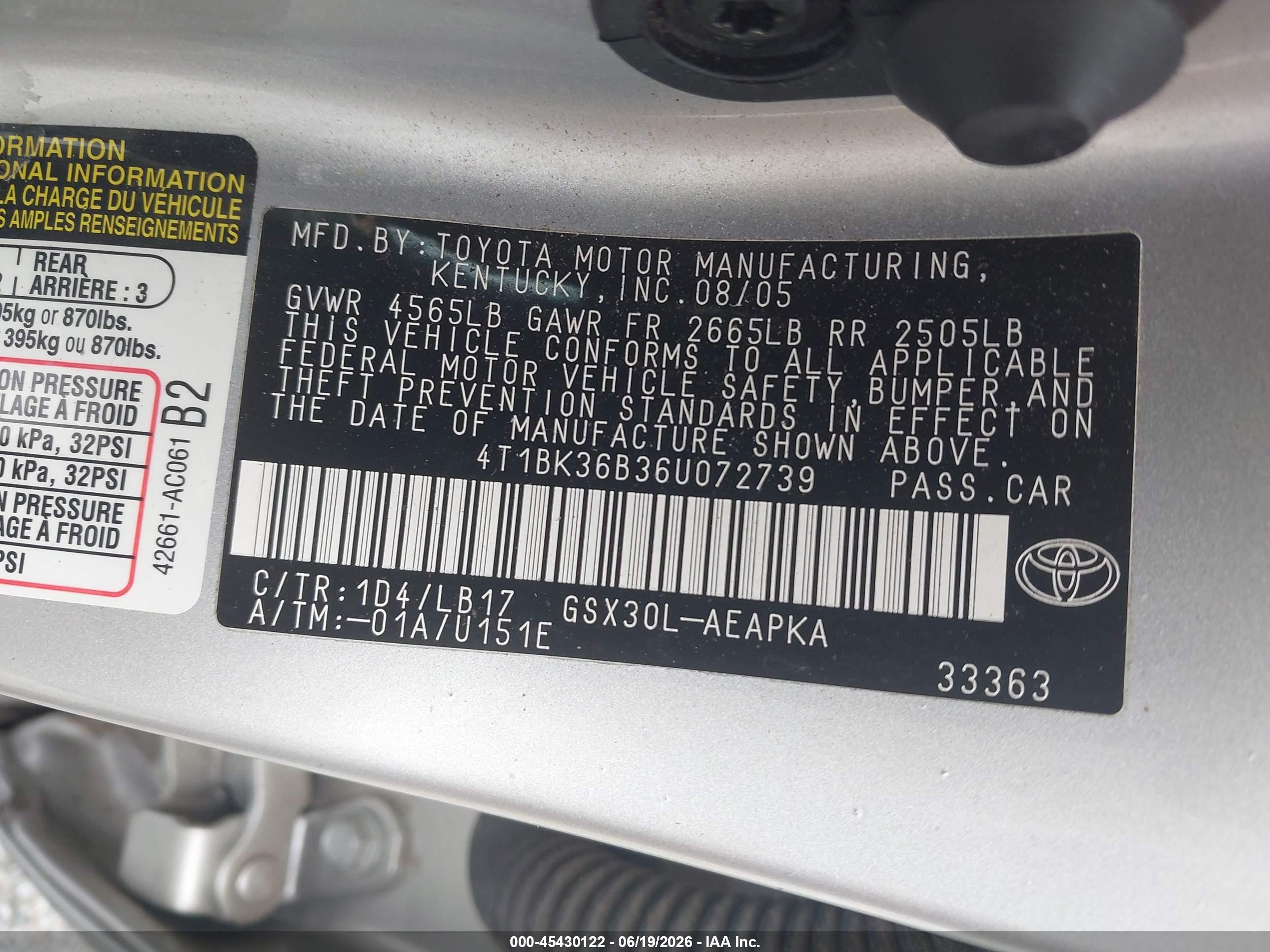 2006 Toyota Avalon Limited Silver vin: 4T1BK36B36U072739