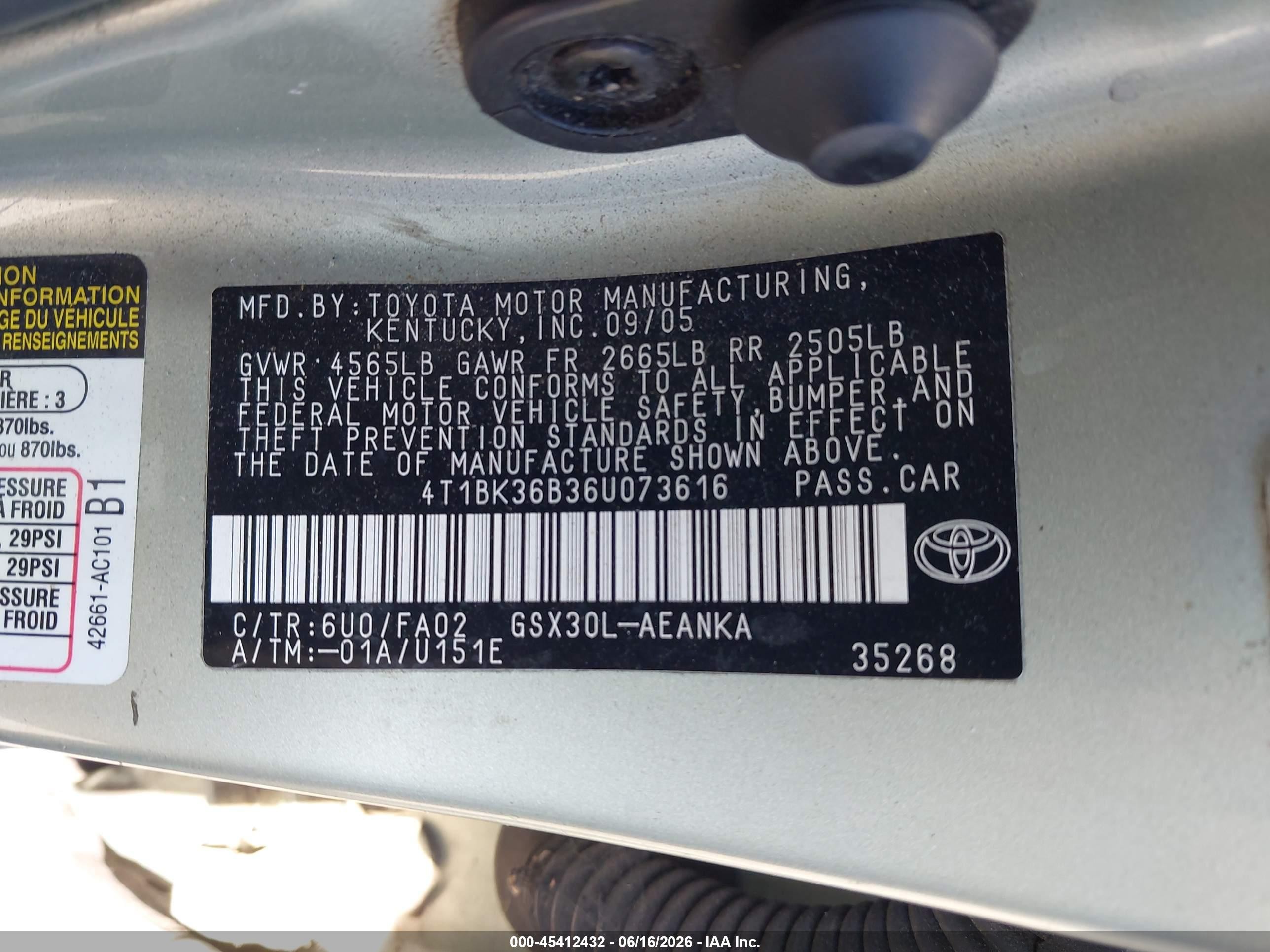 2006 Toyota Avalon Xl Turquoise vin: 4T1BK36B36U073616