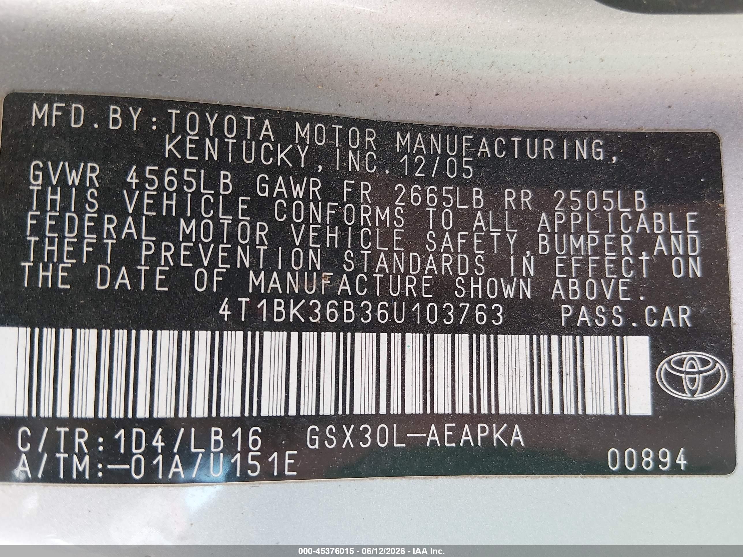 2006 Toyota Avalon Limited Silver vin: 4T1BK36B36U103763