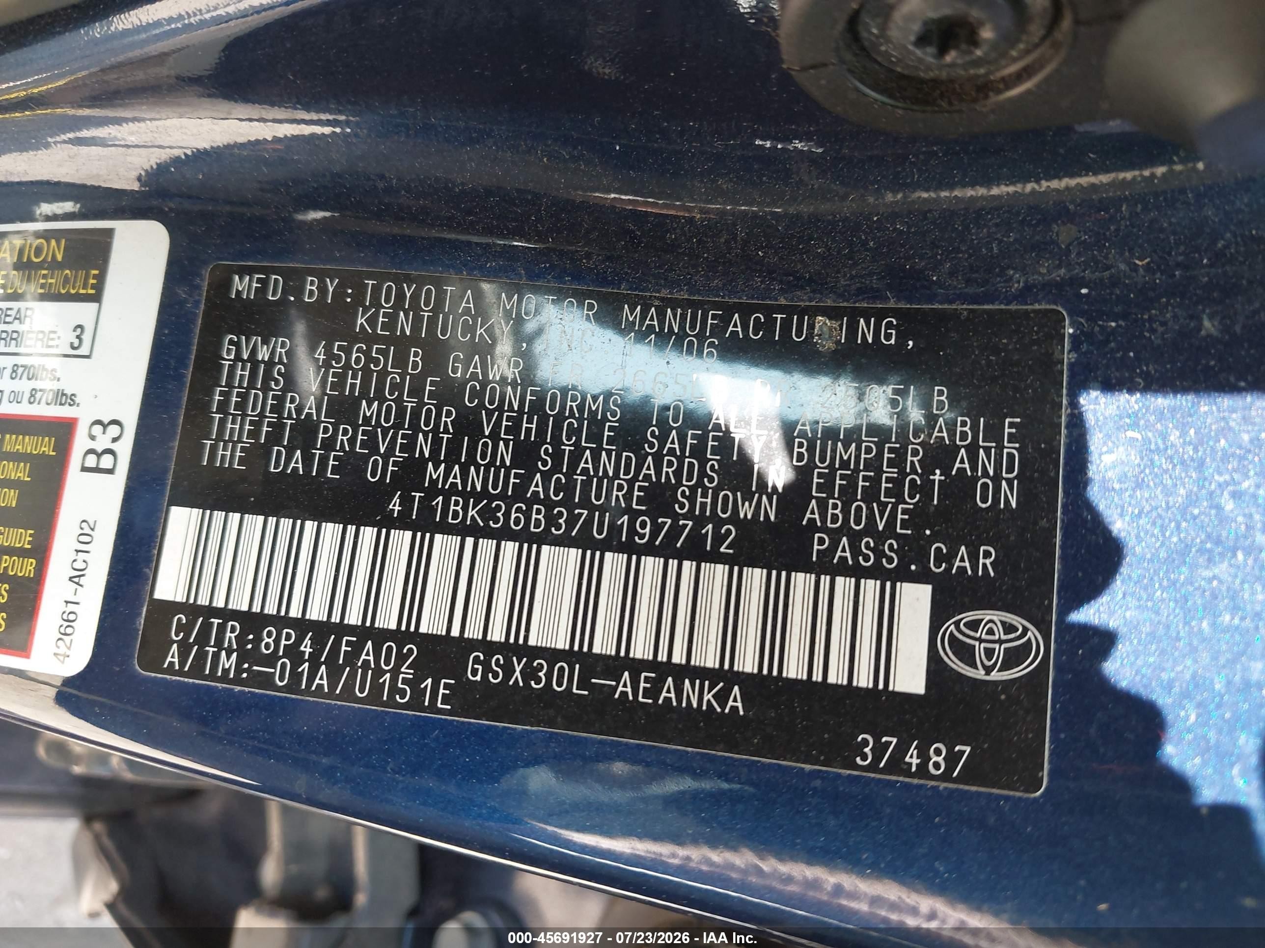2007 Toyota Avalon Xl Blue vin: 4T1BK36B37U197712