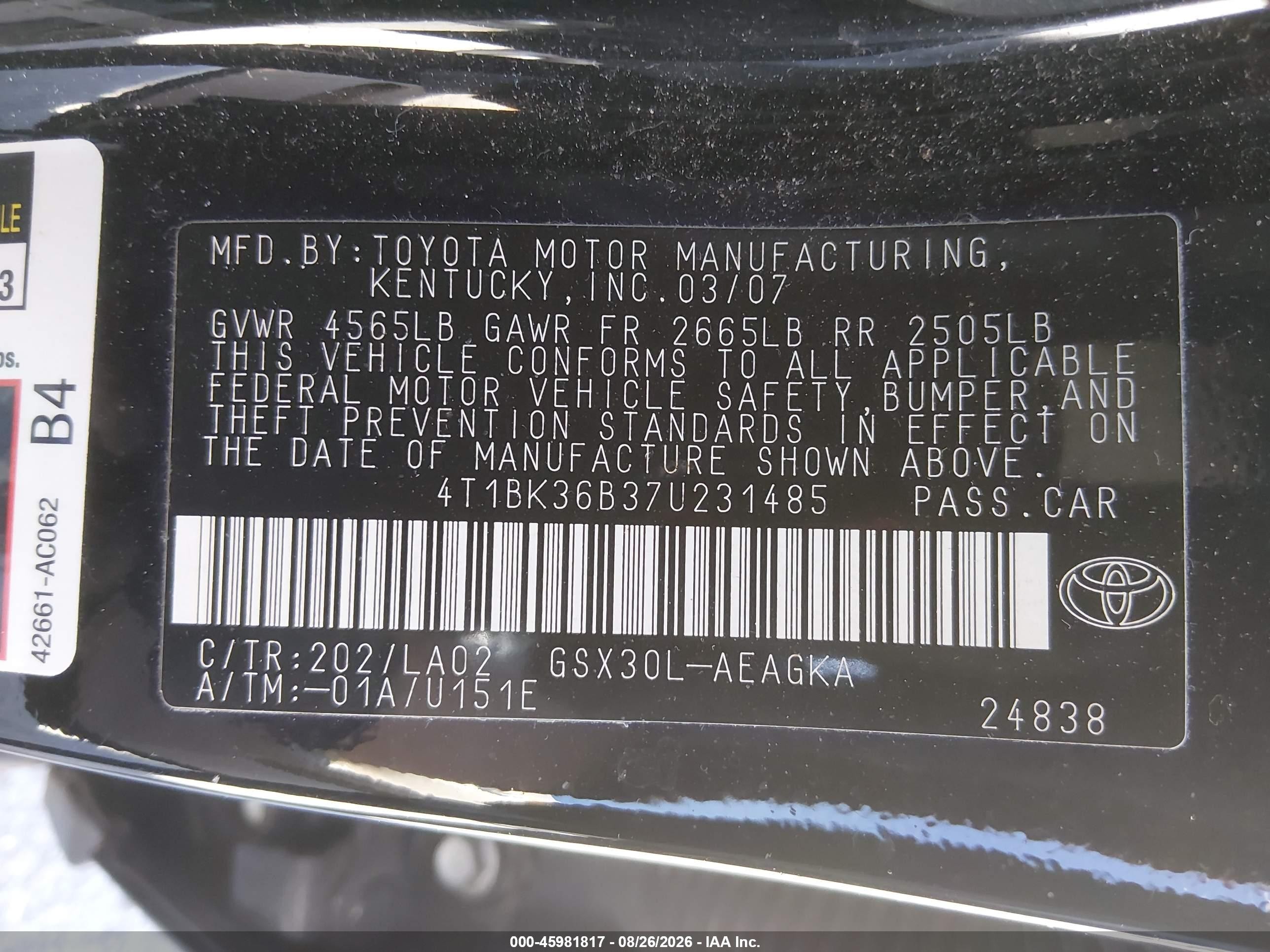 2007 Toyota Avalon Xls Black vin: 4T1BK36B37U231485