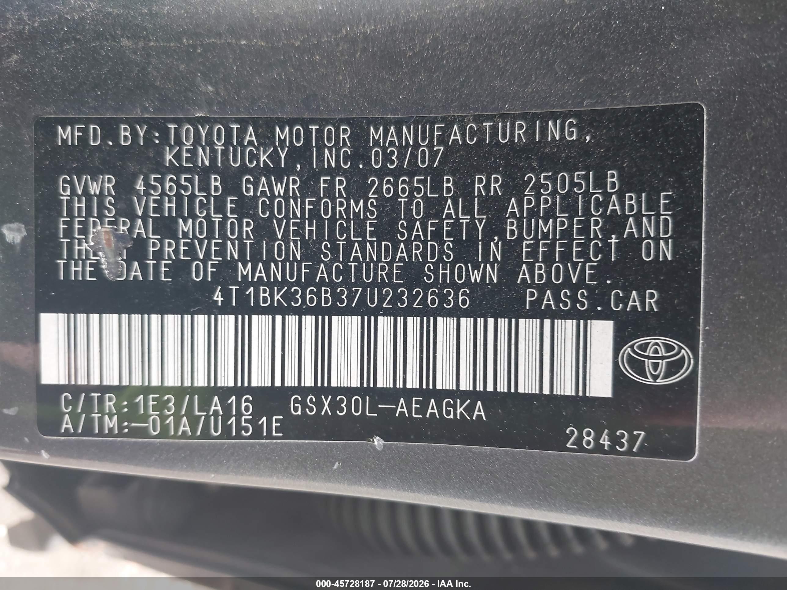 2007 Toyota Avalon Xls Gray vin: 4T1BK36B37U232636