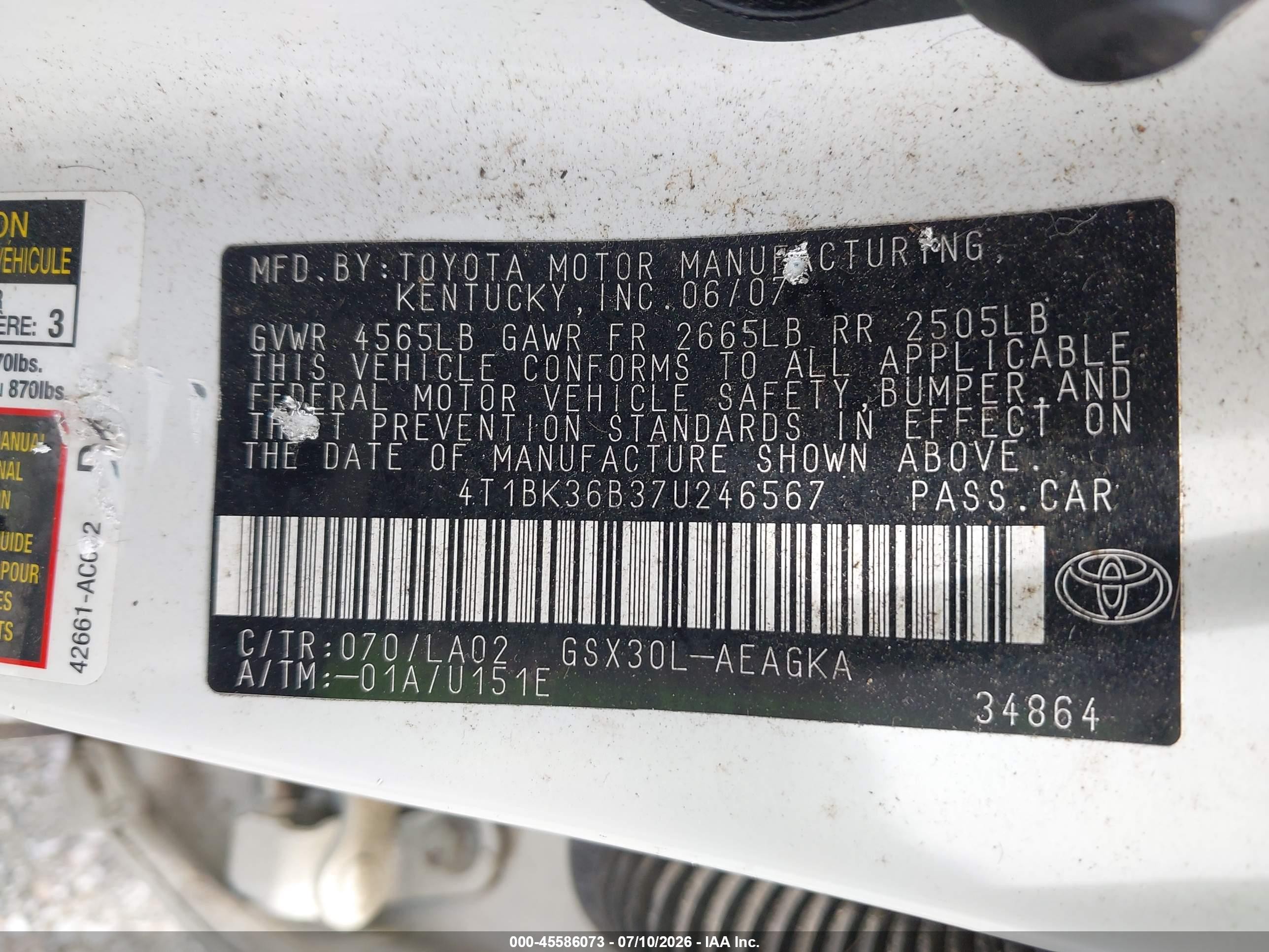 2007 Toyota Avalon Xls White vin: 4T1BK36B37U246567
