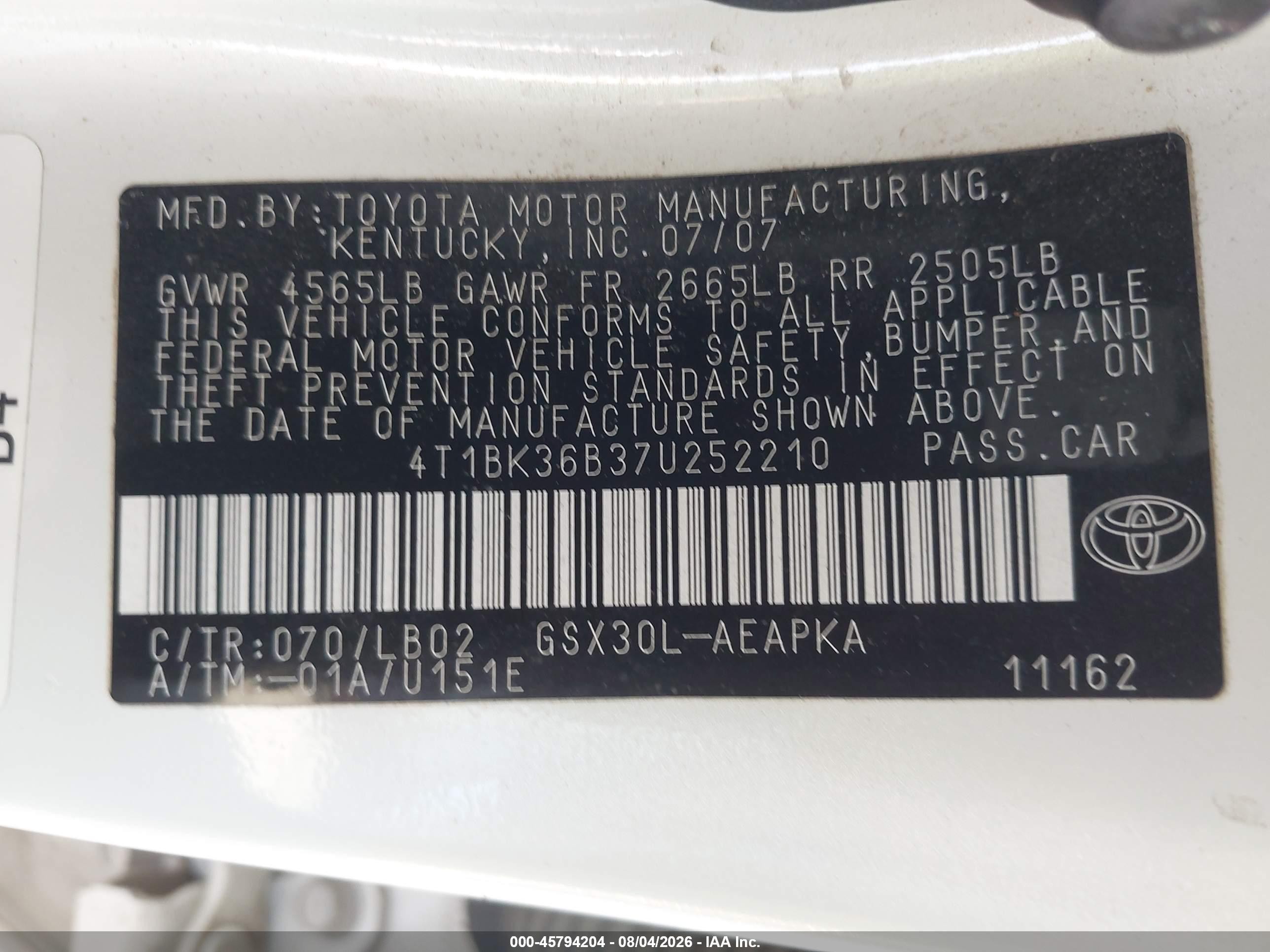 2007 Toyota Avalon Limited White vin: 4T1BK36B37U252210