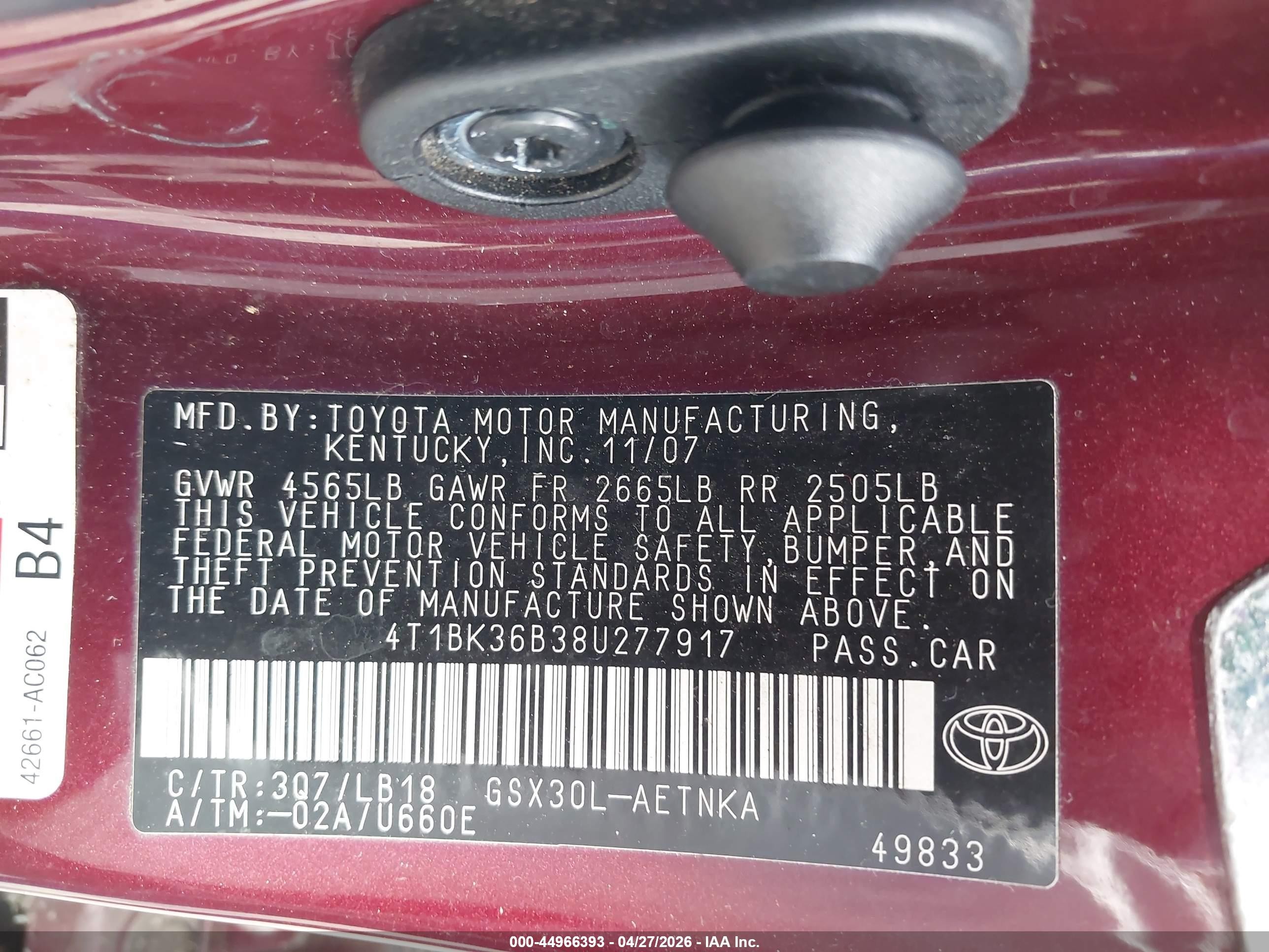 2008 Toyota Avalon Touring Maroon vin: 4T1BK36B38U277917