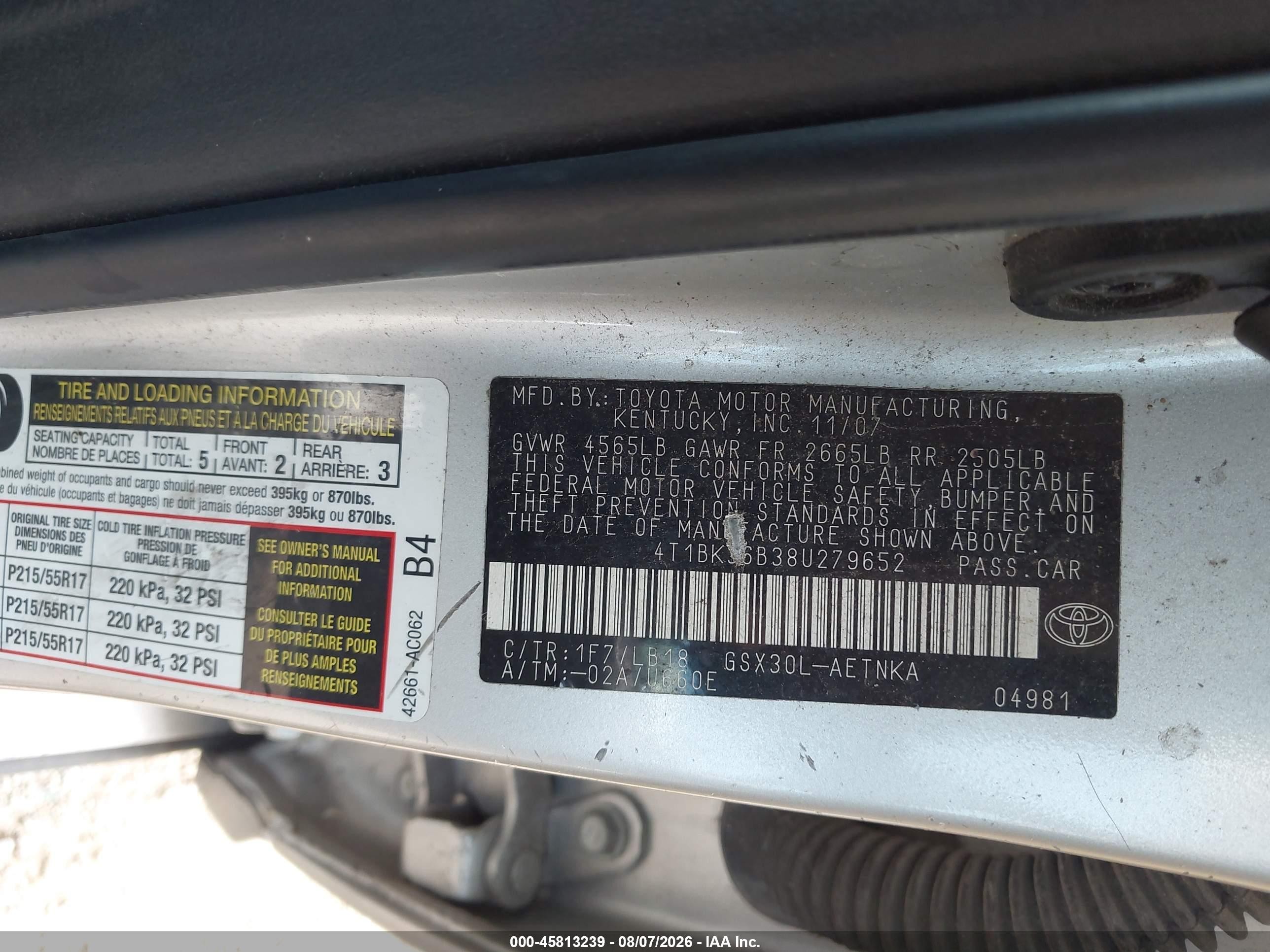 2008 Toyota Avalon Touring Silver vin: 4T1BK36B38U279652