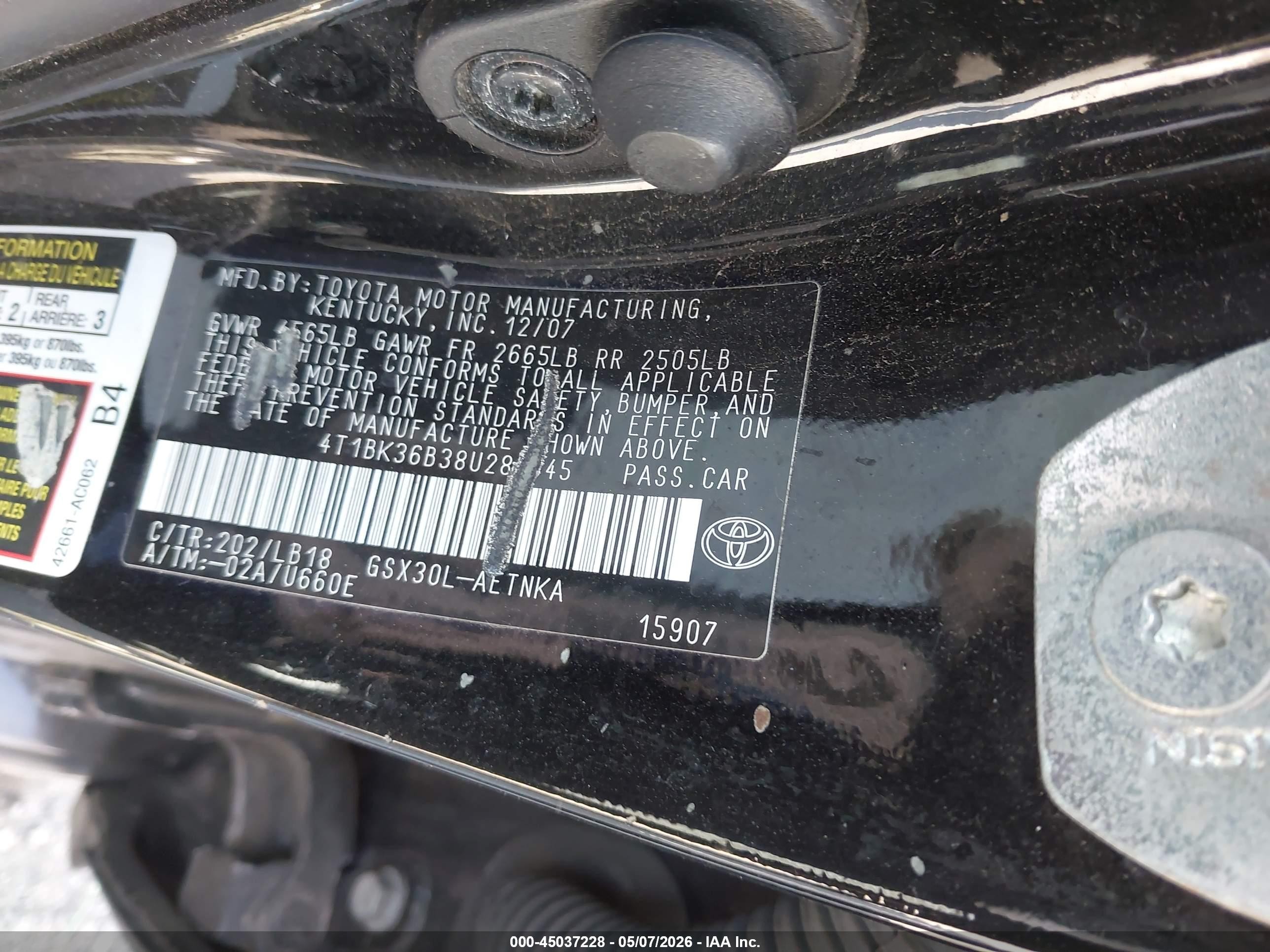 2008 Toyota Avalon Touring Black vin: 4T1BK36B38U283345