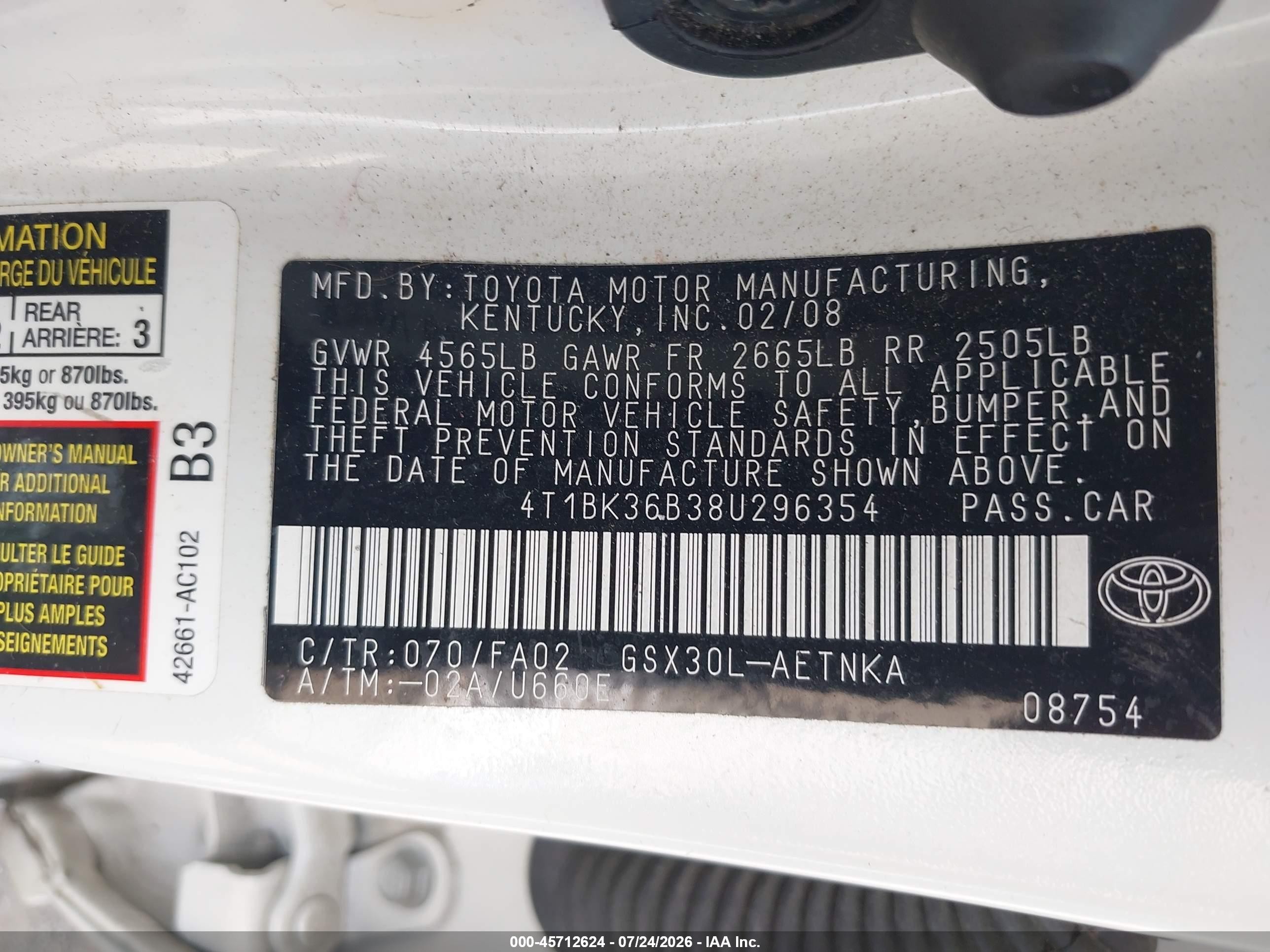 2008 Toyota Avalon Xl White vin: 4T1BK36B38U296354