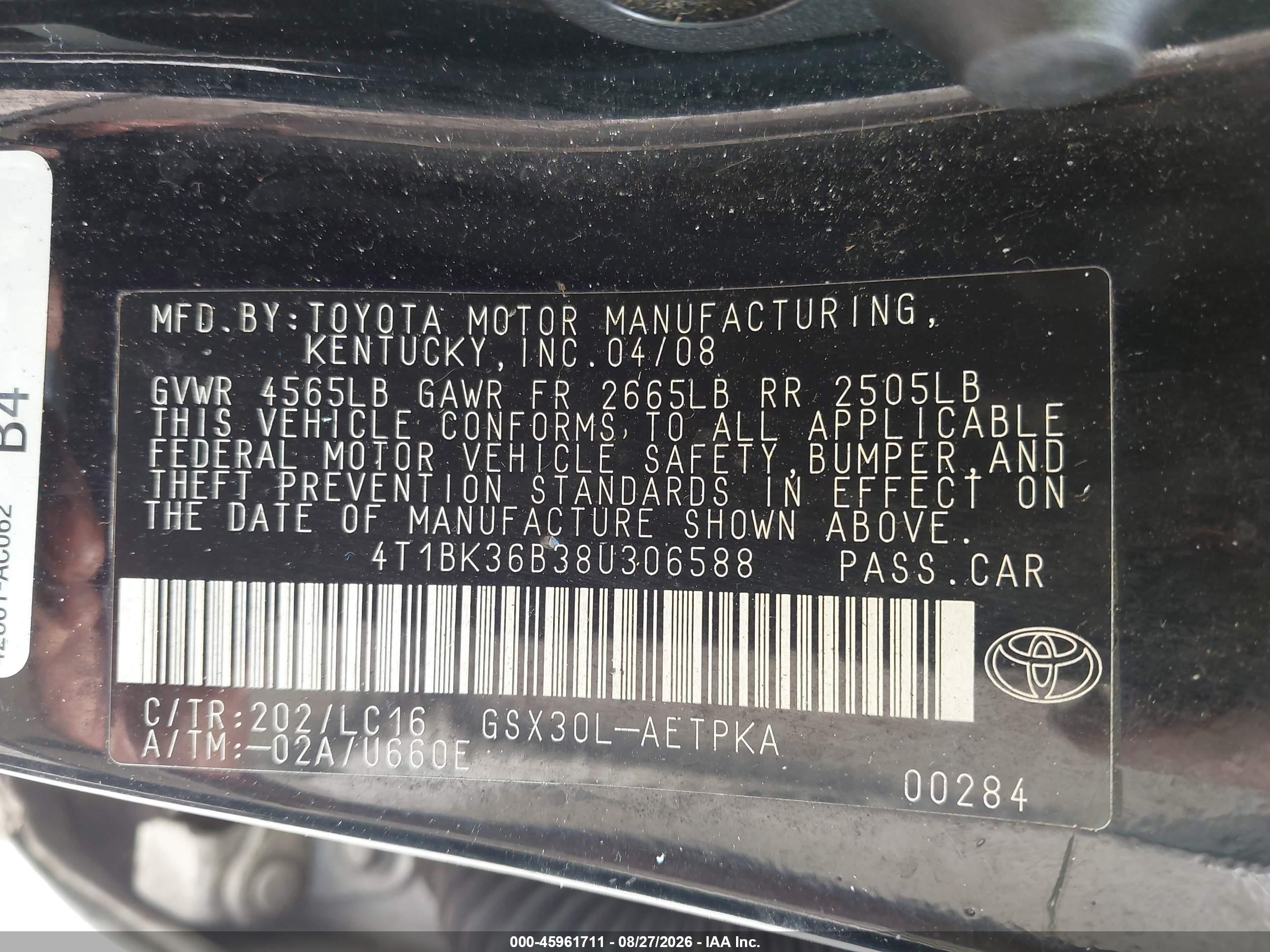 2008 Toyota Avalon Limited Black vin: 4T1BK36B38U306588
