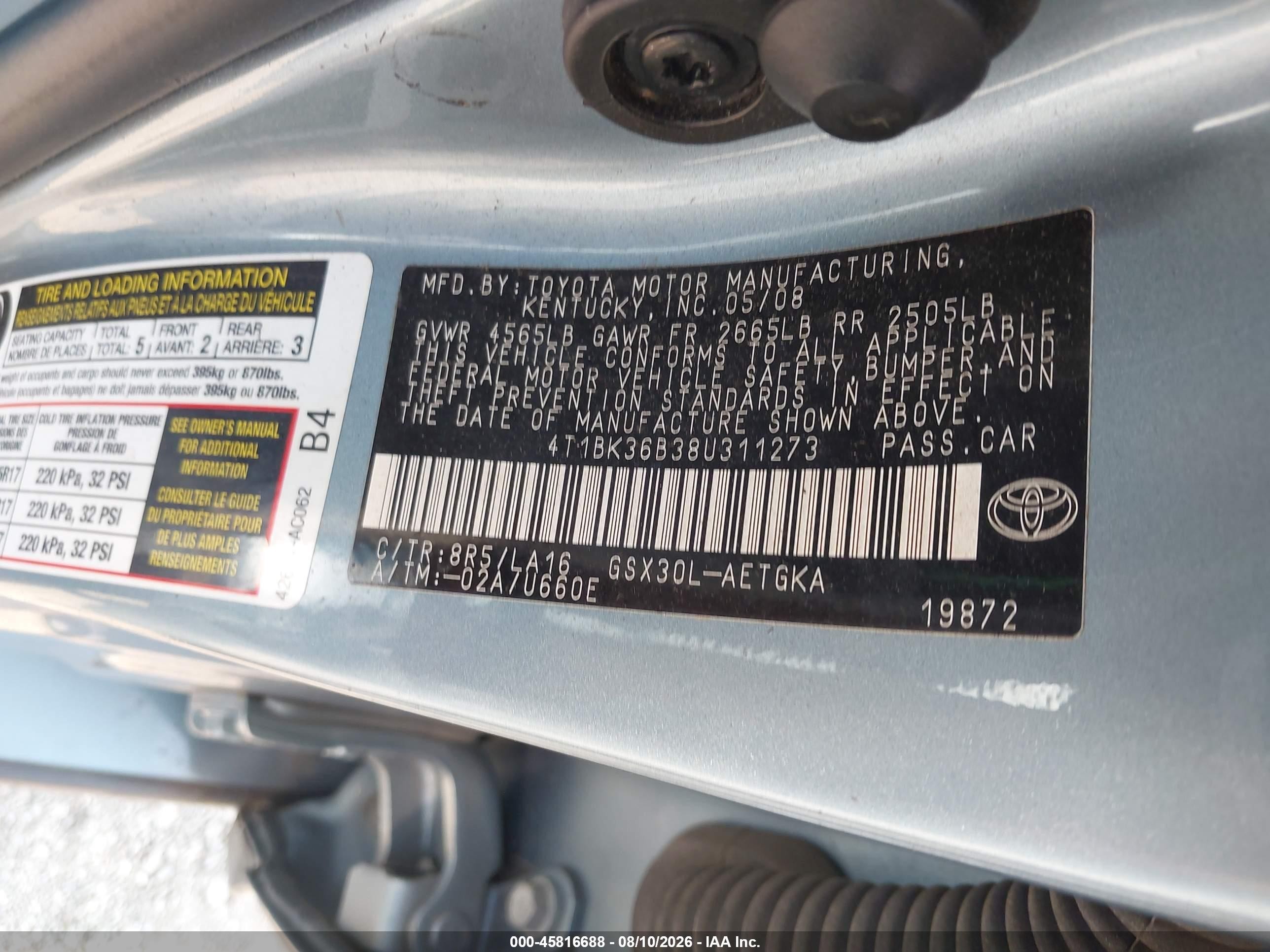 2008 Toyota Avalon Xls Blue vin: 4T1BK36B38U311273
