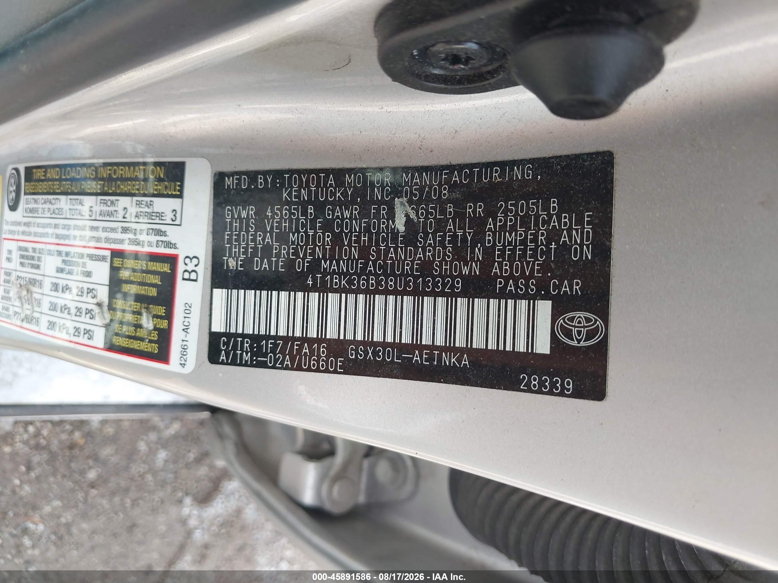 2008 Toyota Avalon Xl Silver vin: 4T1BK36B38U313329