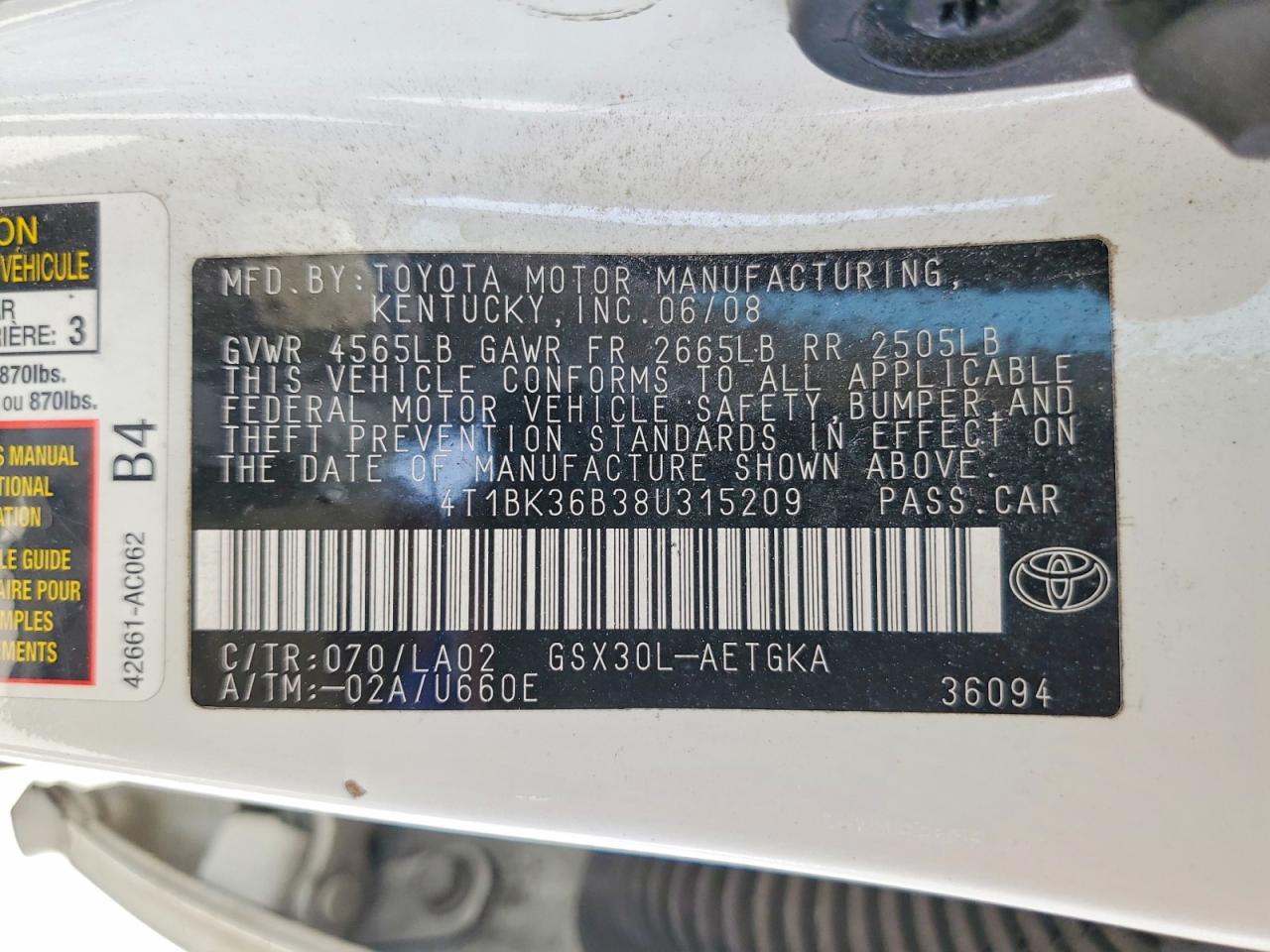 2008 Toyota Avalon Xls White vin: 4T1BK36B38U315209