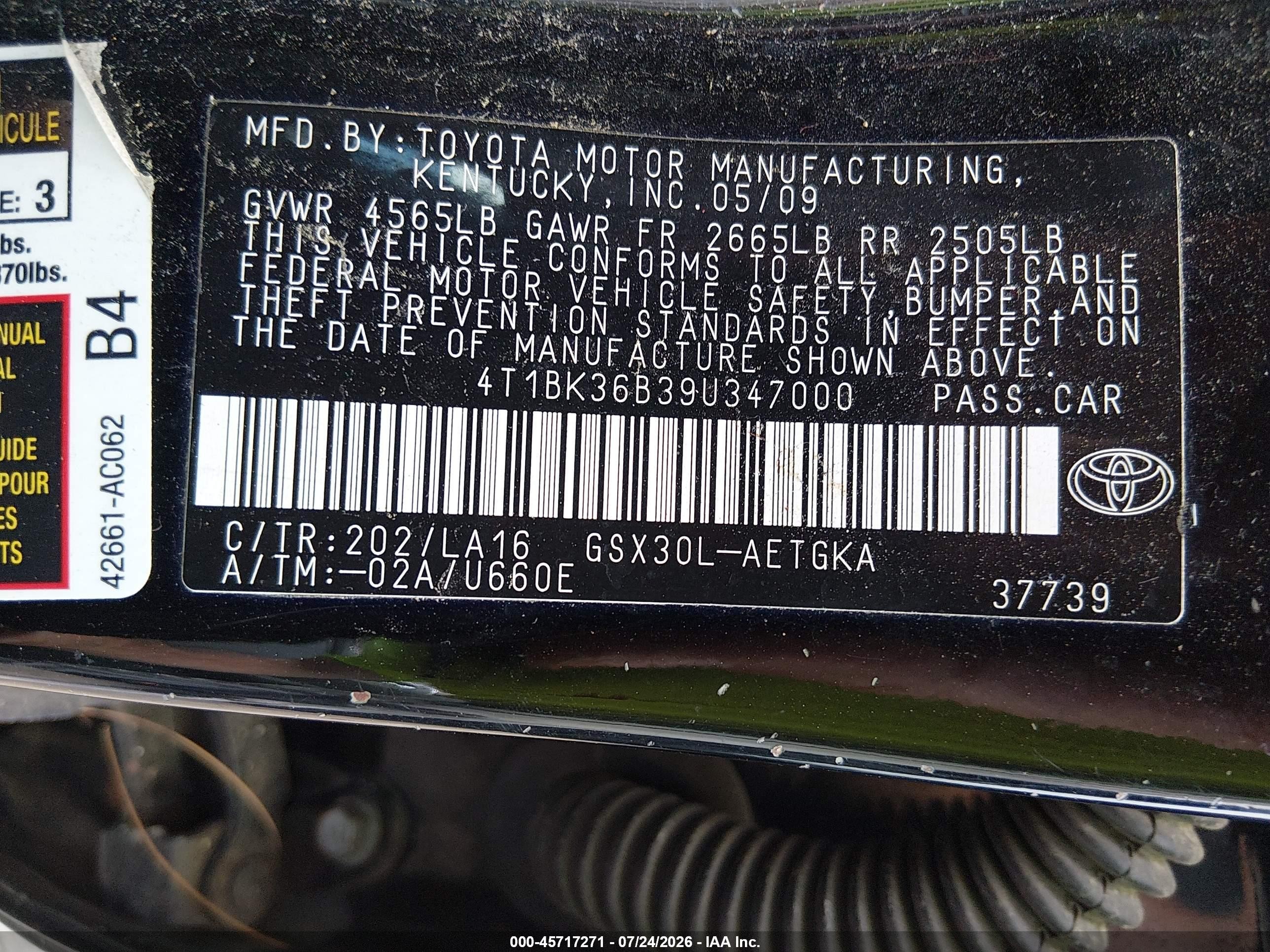 2009 Toyota Avalon Xls Black vin: 4T1BK36B39U347000