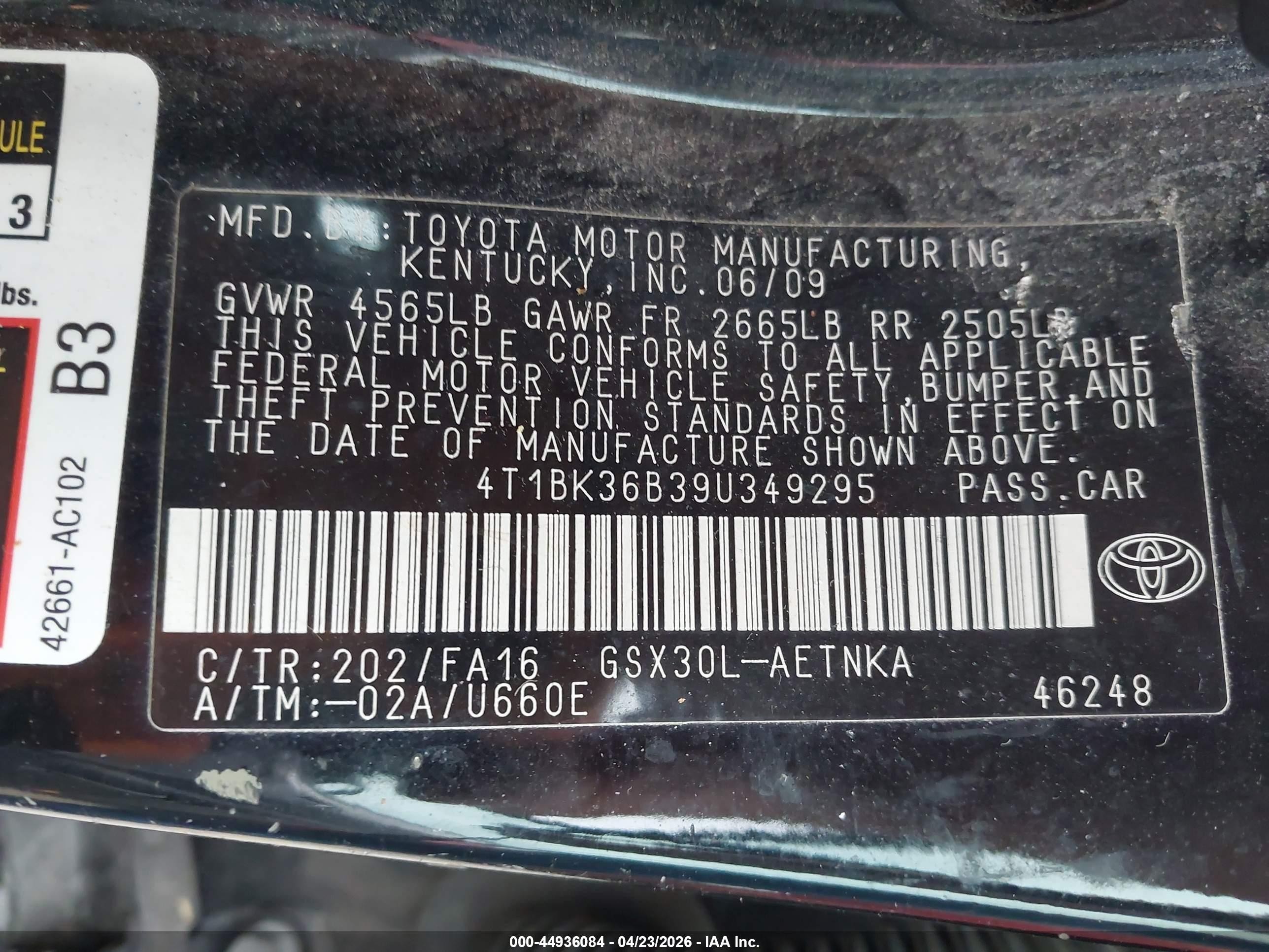 2009 Toyota Avalon Xl Black vin: 4T1BK36B39U349295