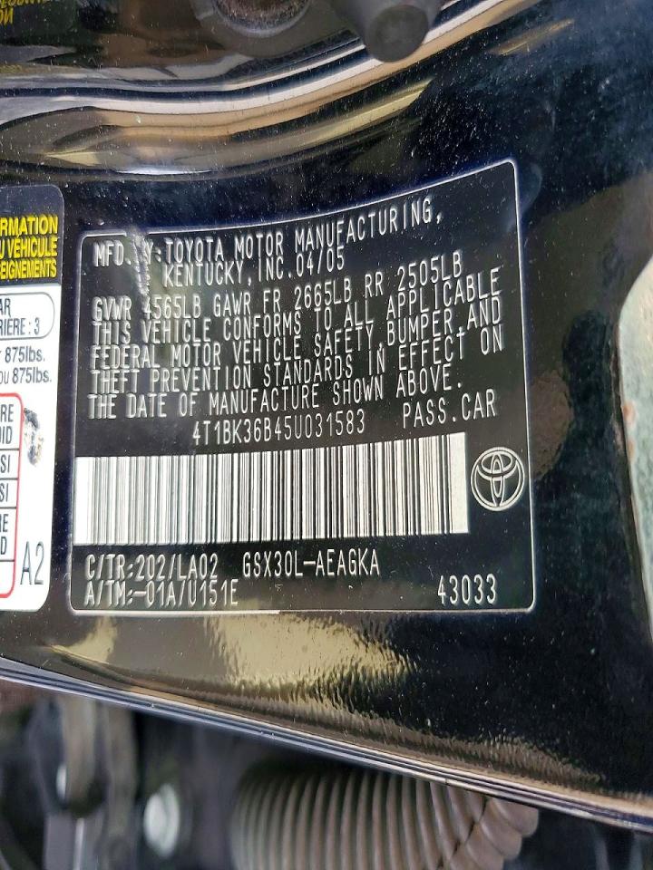2005 Toyota Avalon Xls Black vin: 4T1BK36B45U031583