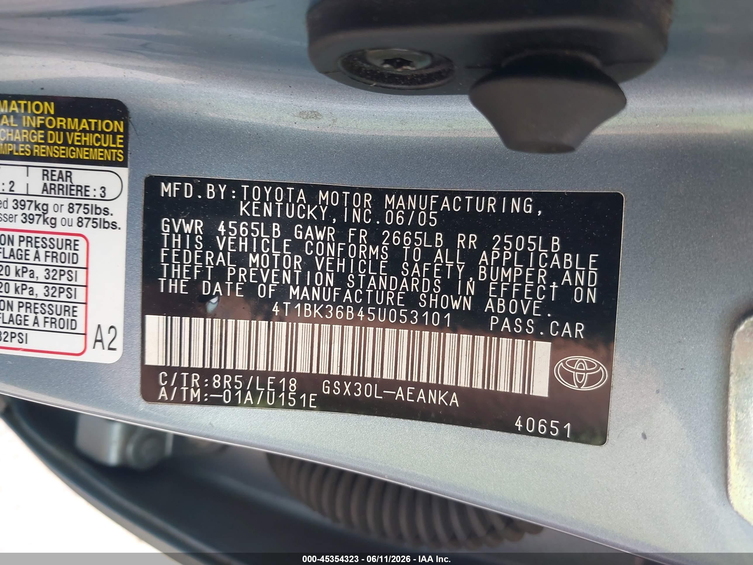 2005 Toyota Avalon Xl Blue vin: 4T1BK36B45U053101