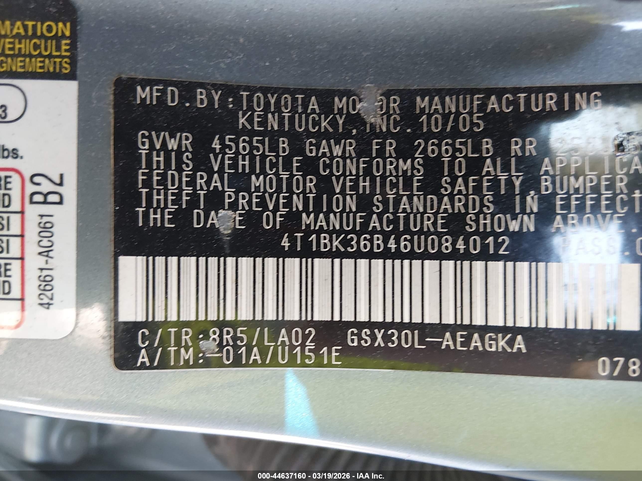 2006 Toyota Avalon Xls Blue vin: 4T1BK36B46U084012