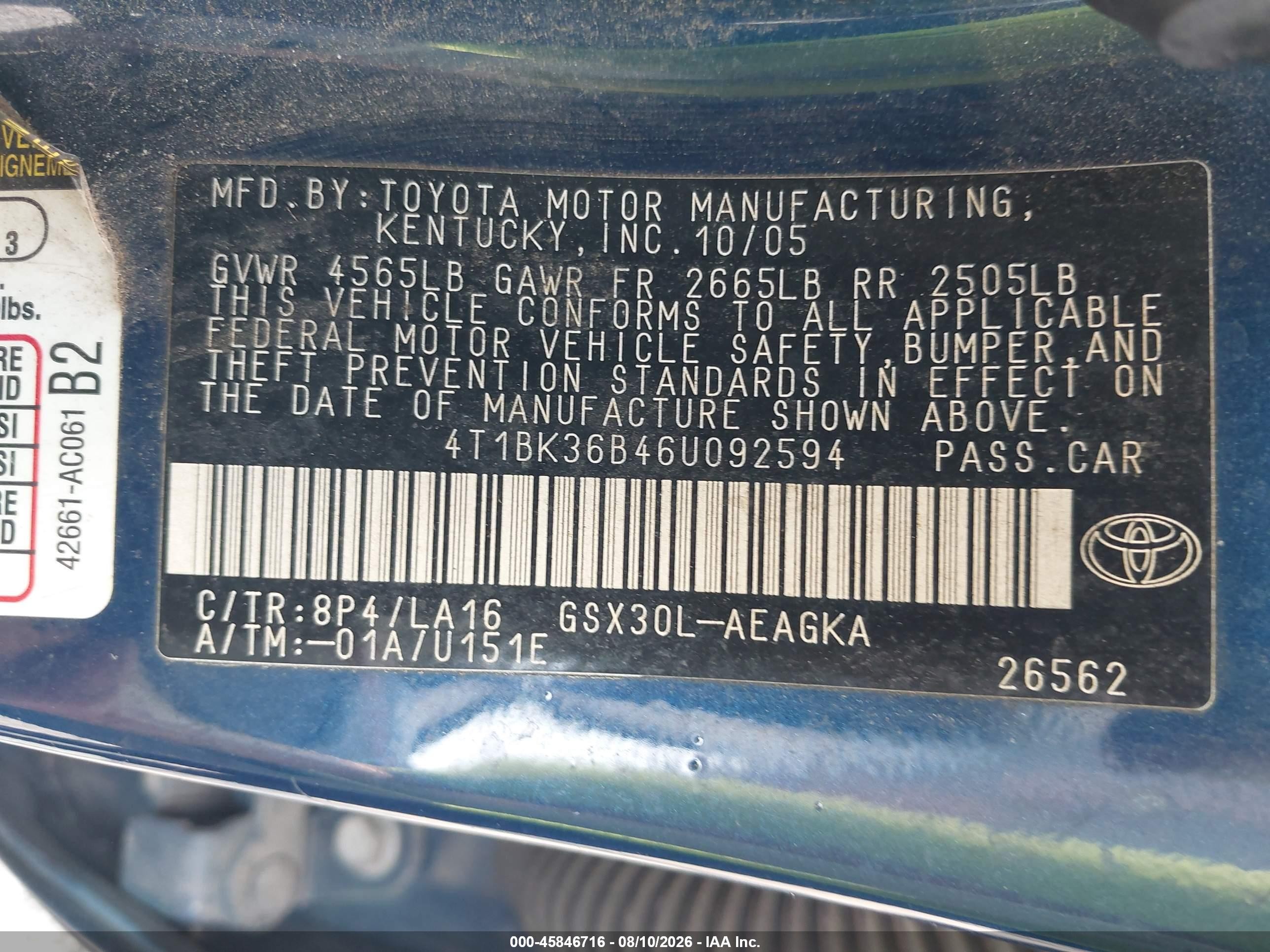2006 Toyota Avalon Xls Blue vin: 4T1BK36B46U092594
