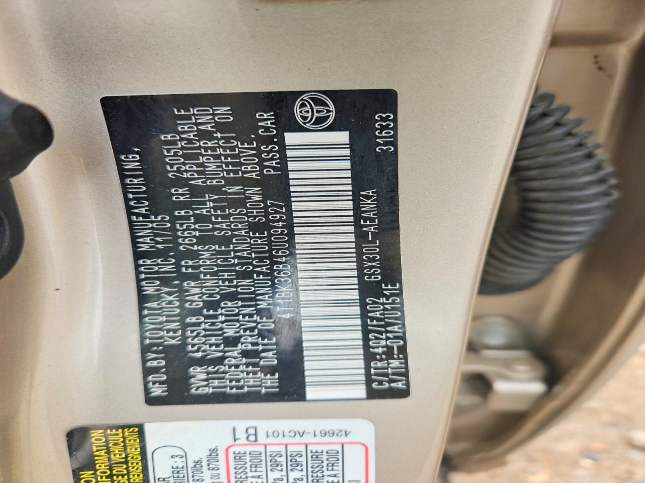 2006 Toyota Avalon Xl Gold vin: 4T1BK36B46U094927