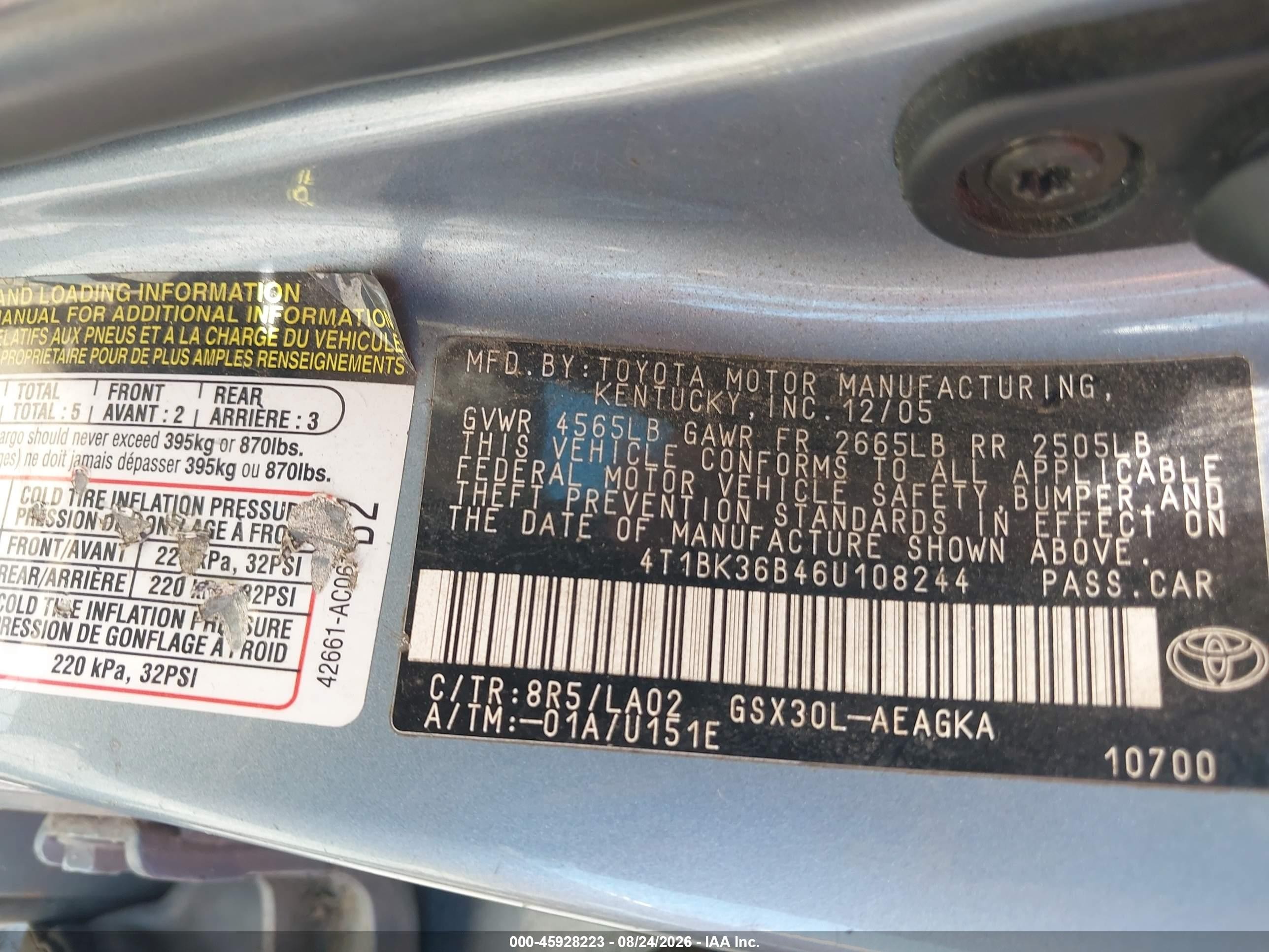 2006 Toyota Avalon Xls Blue vin: 4T1BK36B46U108244