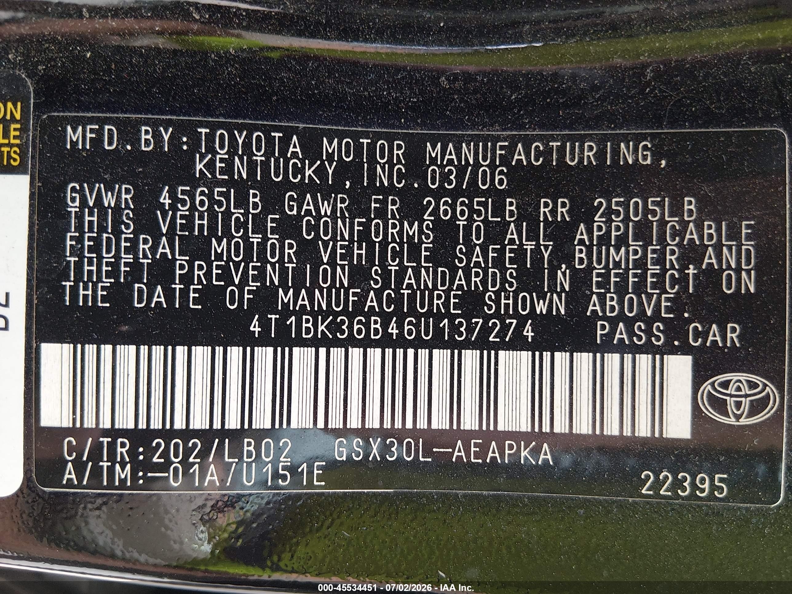 2006 Toyota Avalon Limited Black vin: 4T1BK36B46U137274