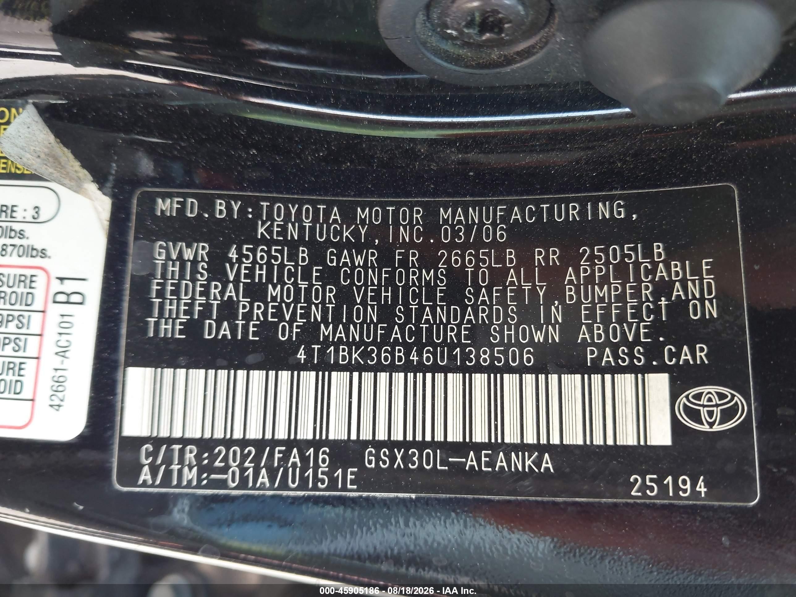 2006 Toyota Avalon Xl Black vin: 4T1BK36B46U138506