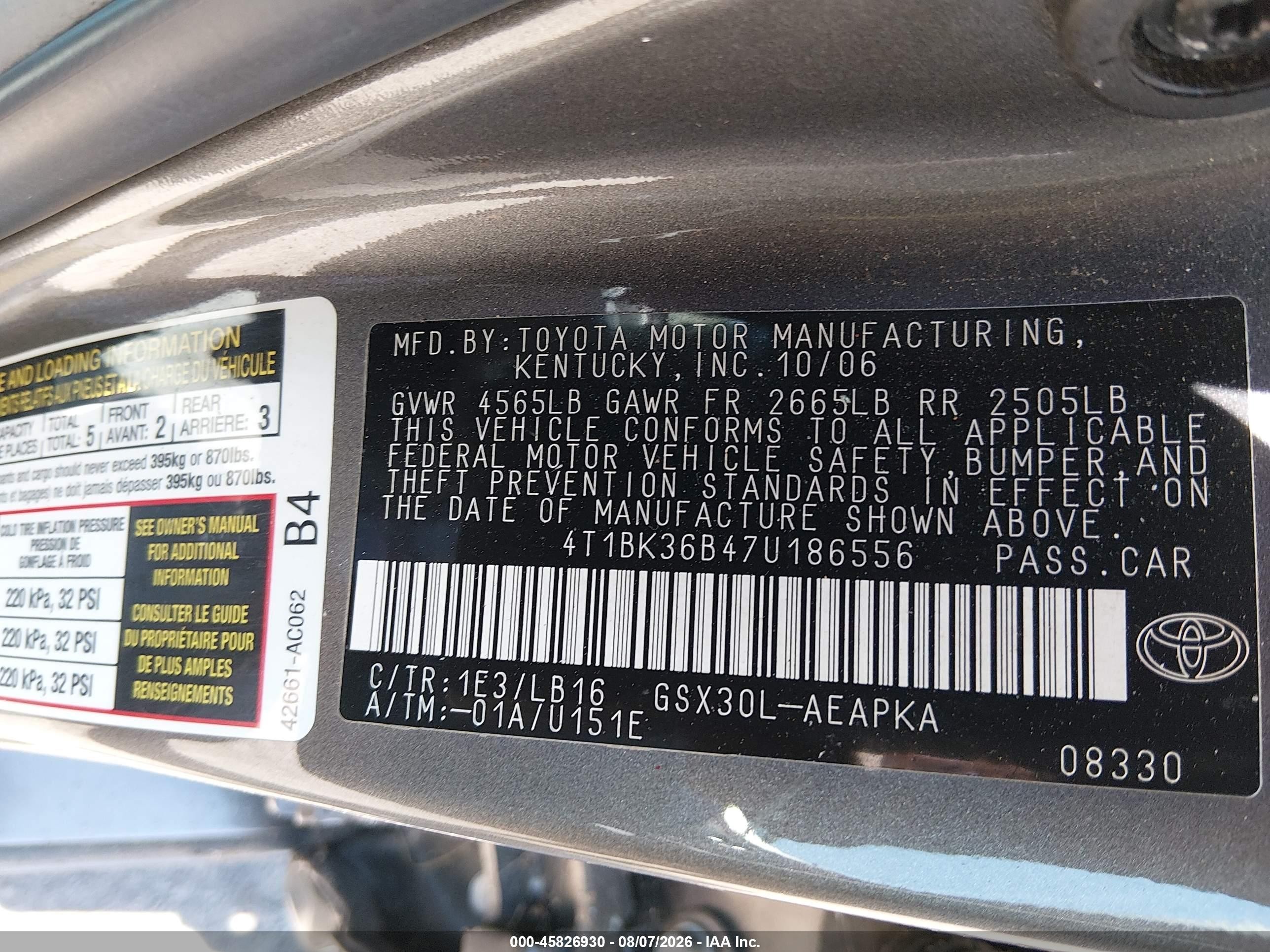 2007 Toyota Avalon Limited Gray vin: 4T1BK36B47U186556