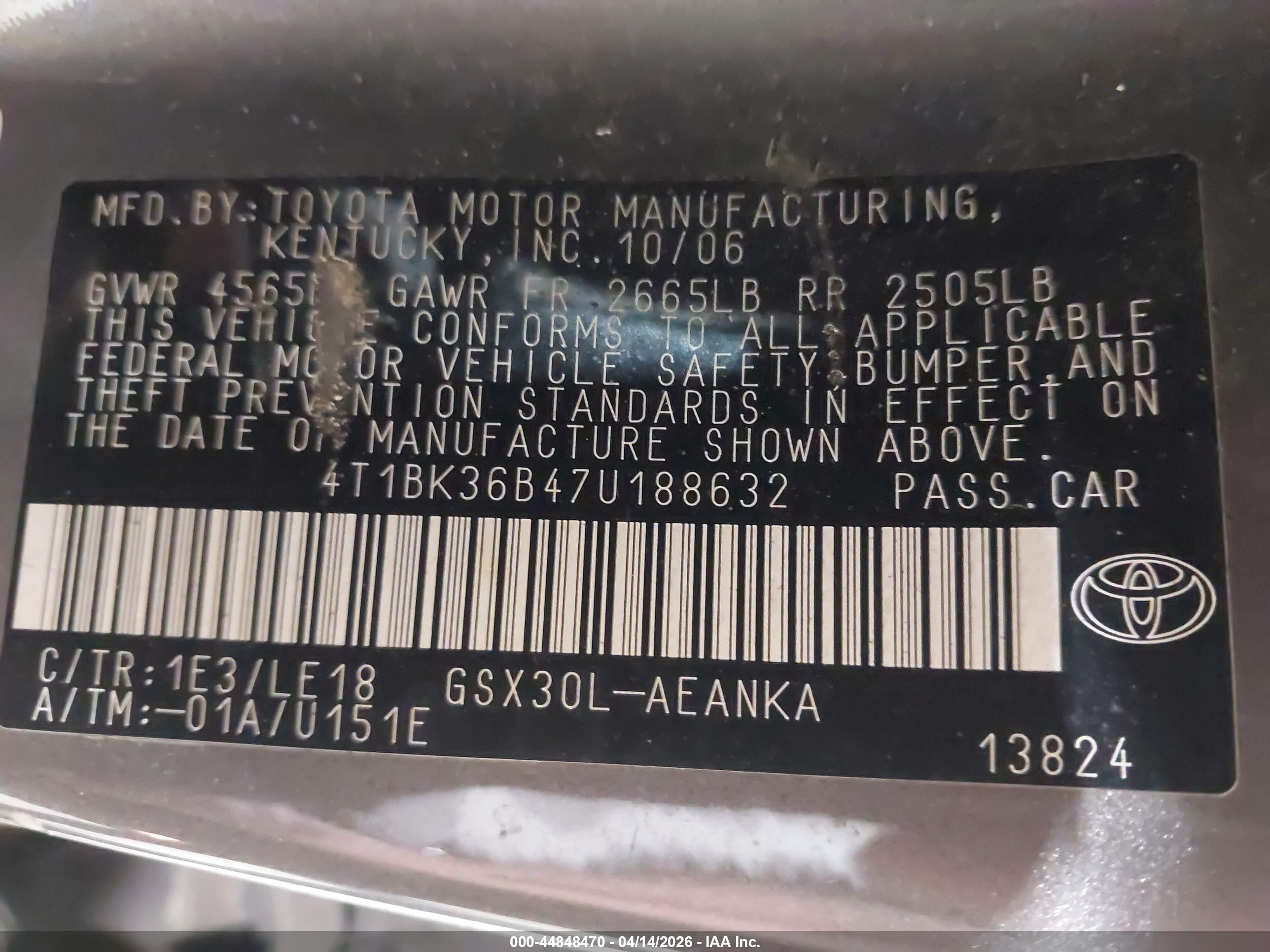 2007 Toyota Avalon Touring Gray vin: 4T1BK36B47U188632