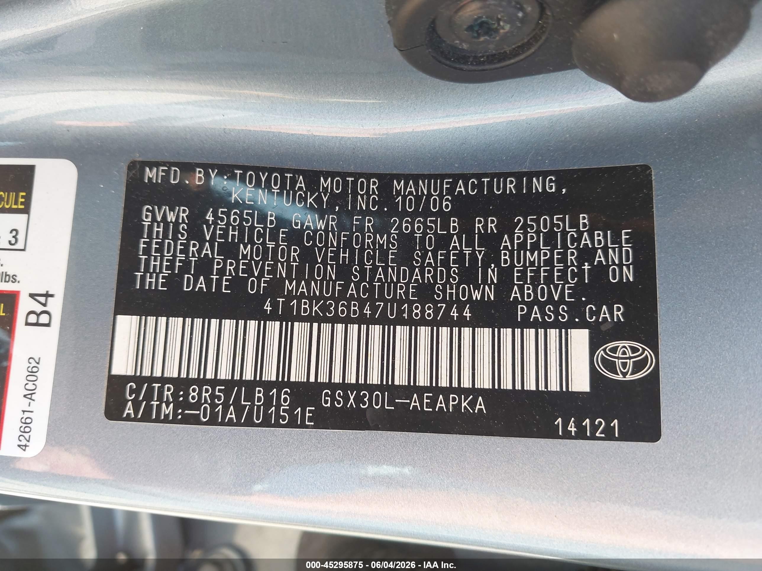 2007 Toyota Avalon Limited Light Blue vin: 4T1BK36B47U188744