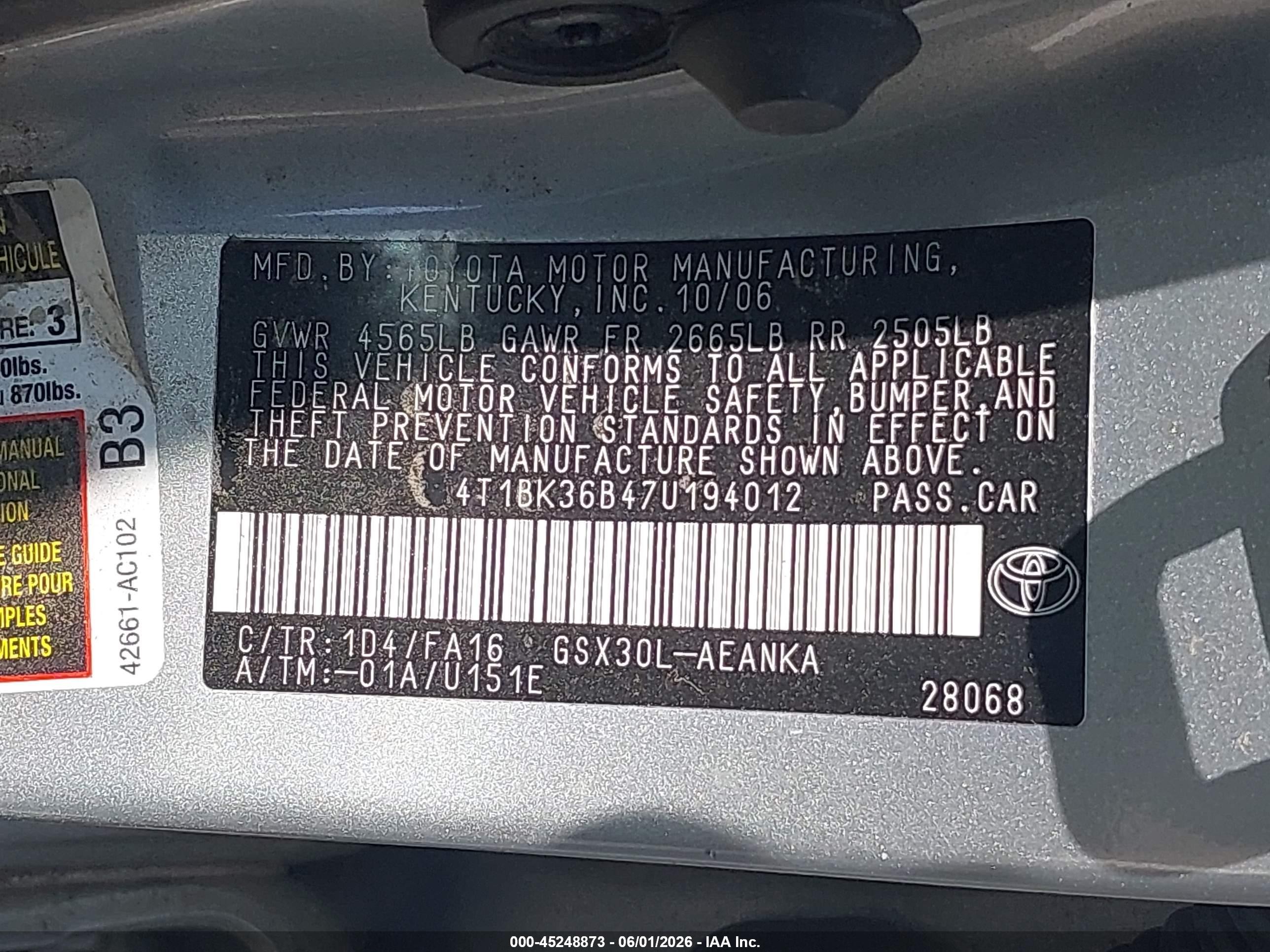 2007 Toyota Avalon Xl Silver vin: 4T1BK36B47U194012