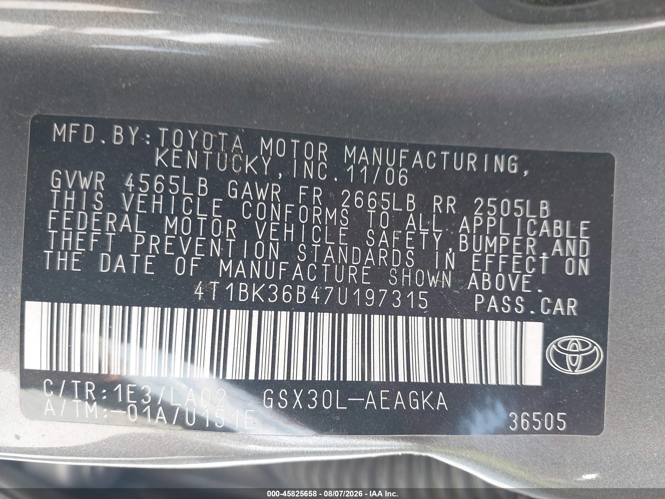 2007 Toyota Avalon Xls Gray vin: 4T1BK36B47U197315