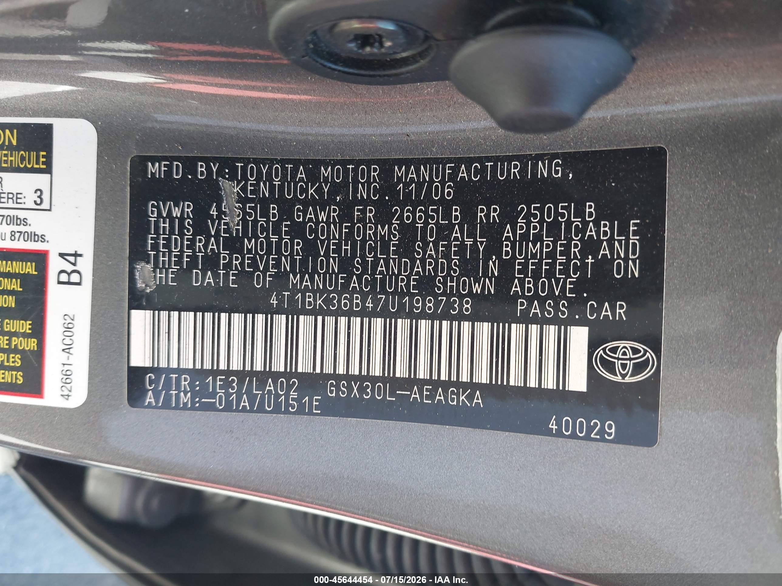 2007 Toyota Avalon Xls Gray vin: 4T1BK36B47U198738