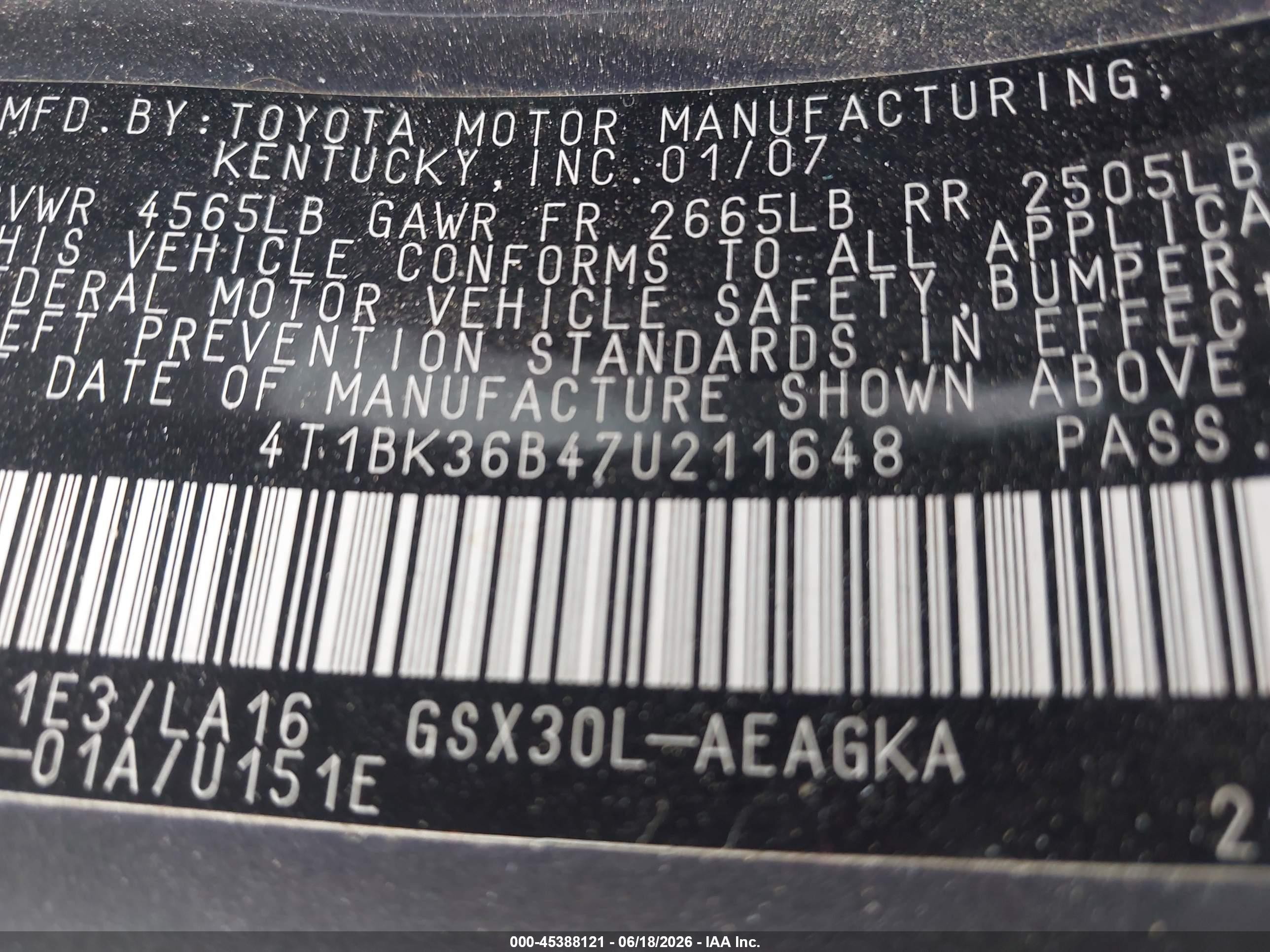 2007 Toyota Avalon Xls Серый vin: 4T1BK36B47U211648