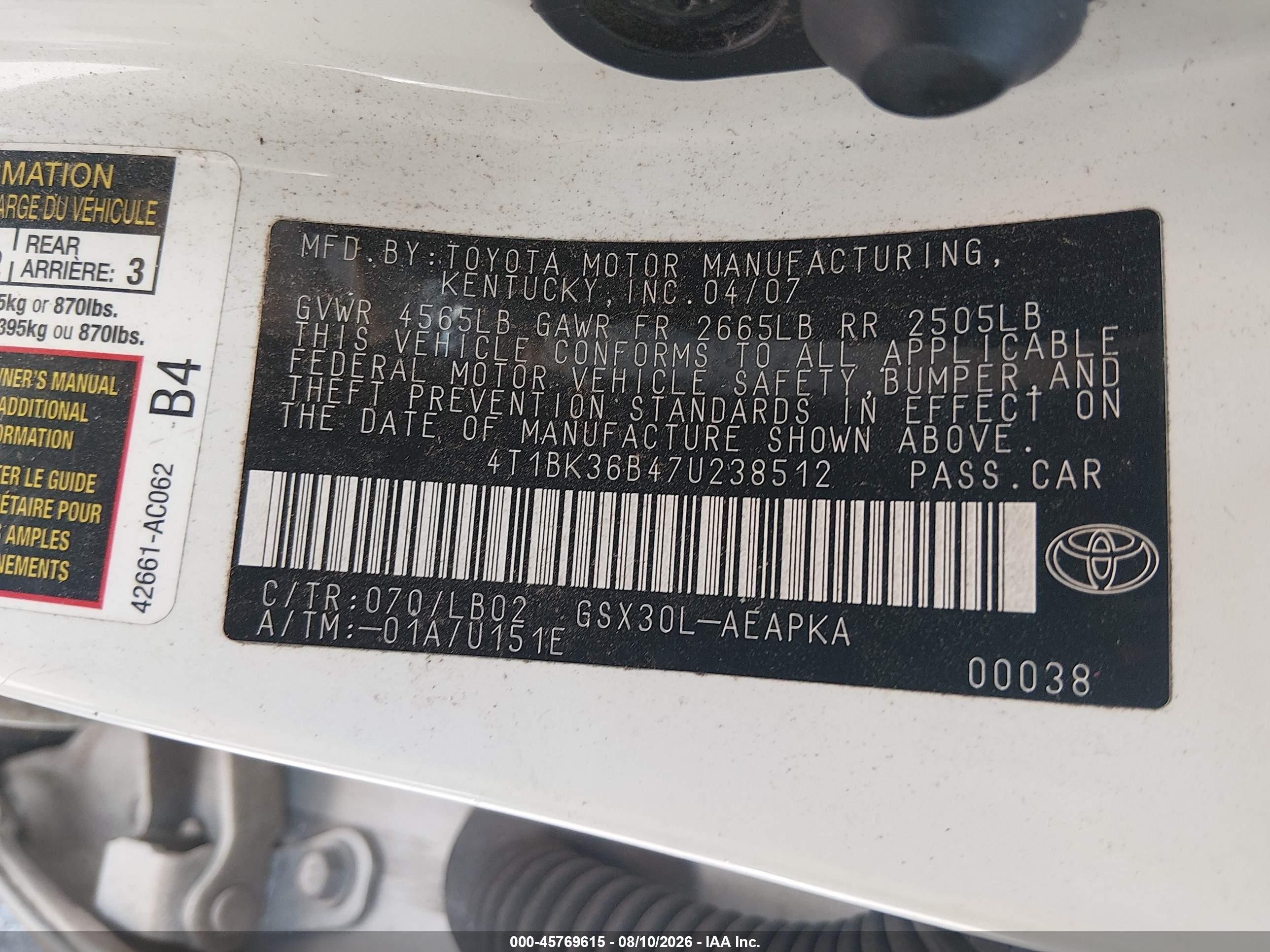 2007 Toyota Avalon Limited White vin: 4T1BK36B47U238512