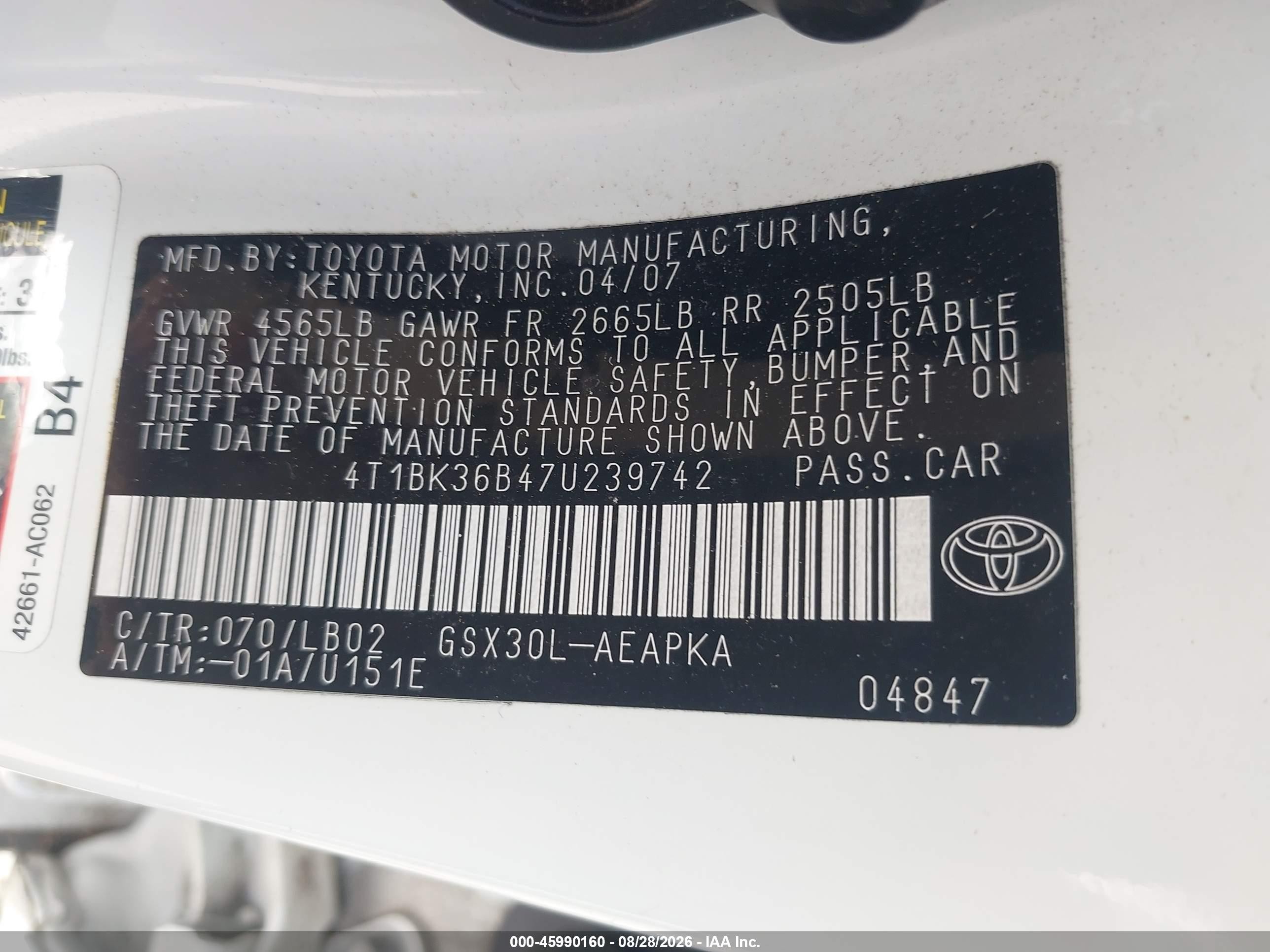 2007 Toyota Avalon Limited White vin: 4T1BK36B47U239742