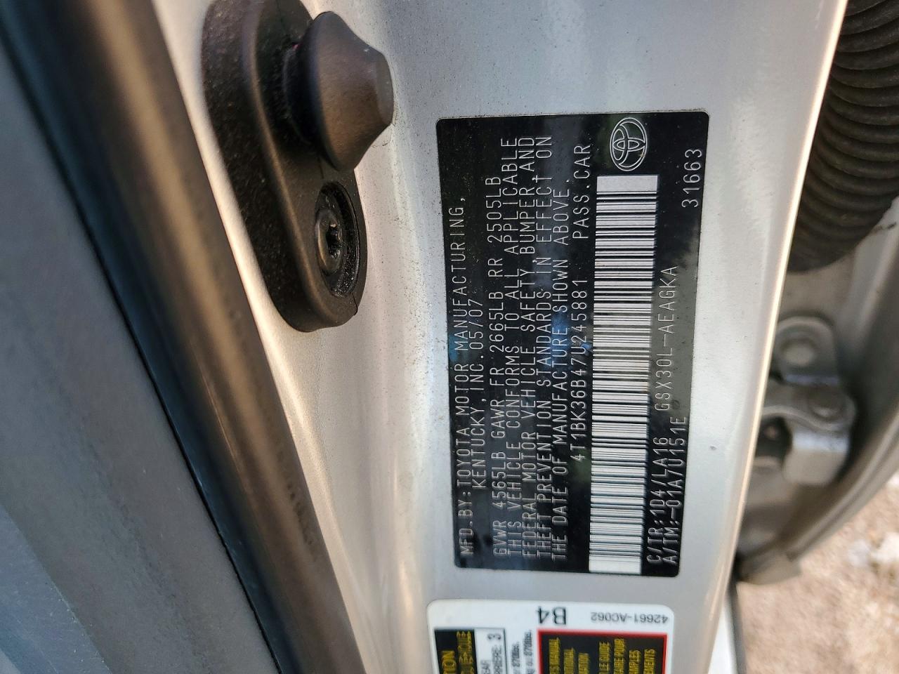 2007 Toyota Avalon Xls Silver vin: 4T1BK36B47U245881