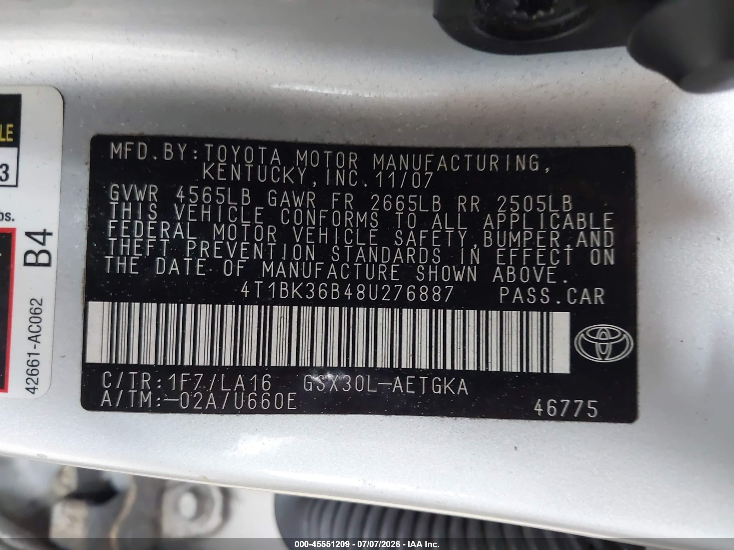 2008 Toyota Avalon Xls Silver vin: 4T1BK36B48U276887