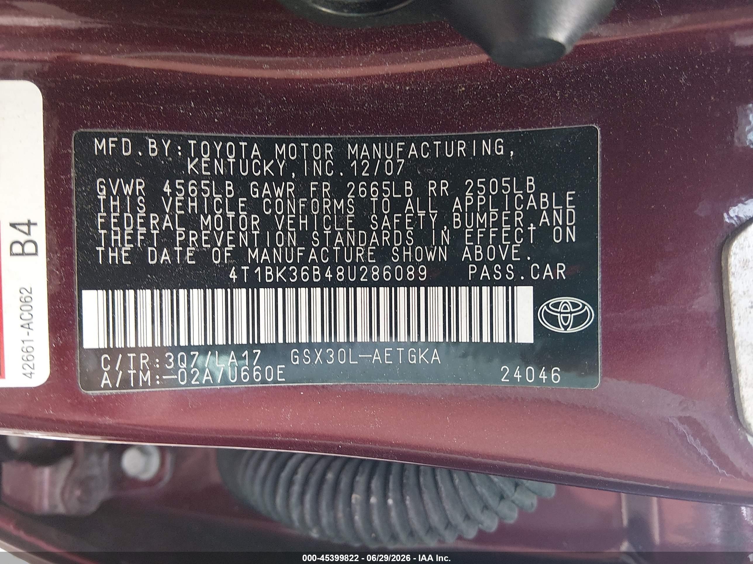 2008 Toyota Avalon Xls Maroon vin: 4T1BK36B48U286089