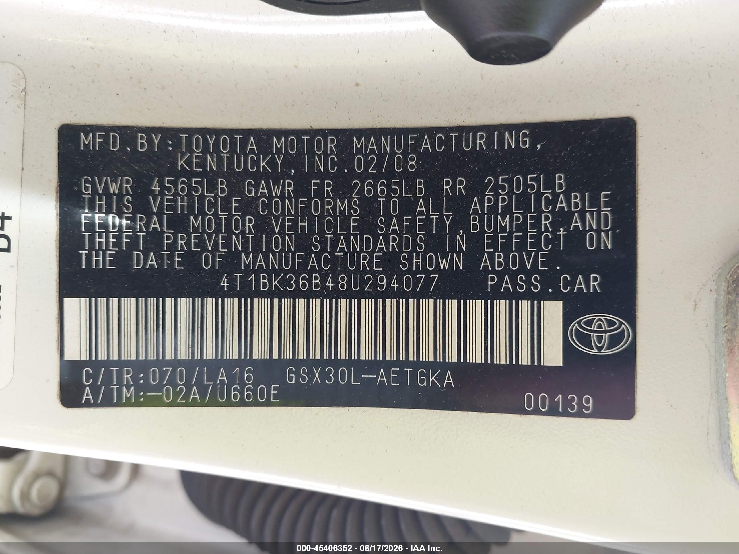 2008 Toyota Avalon Xls White vin: 4T1BK36B48U294077